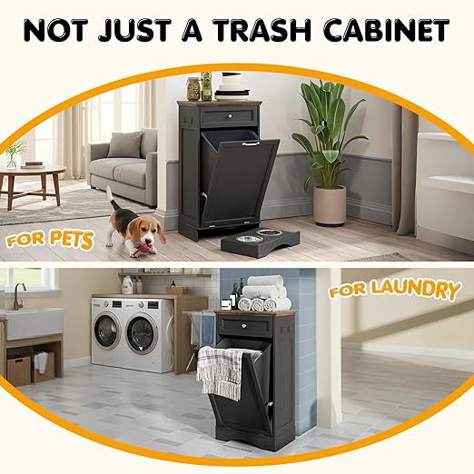 Furnivio Tilt Out Trash Can Cabinet with Dog Bowl, 10 Gallons Dog Feeding Station with Storage, Dog Food Cabinet with Hideaway Drawer for Kitchen, Living Room,Laundry Room