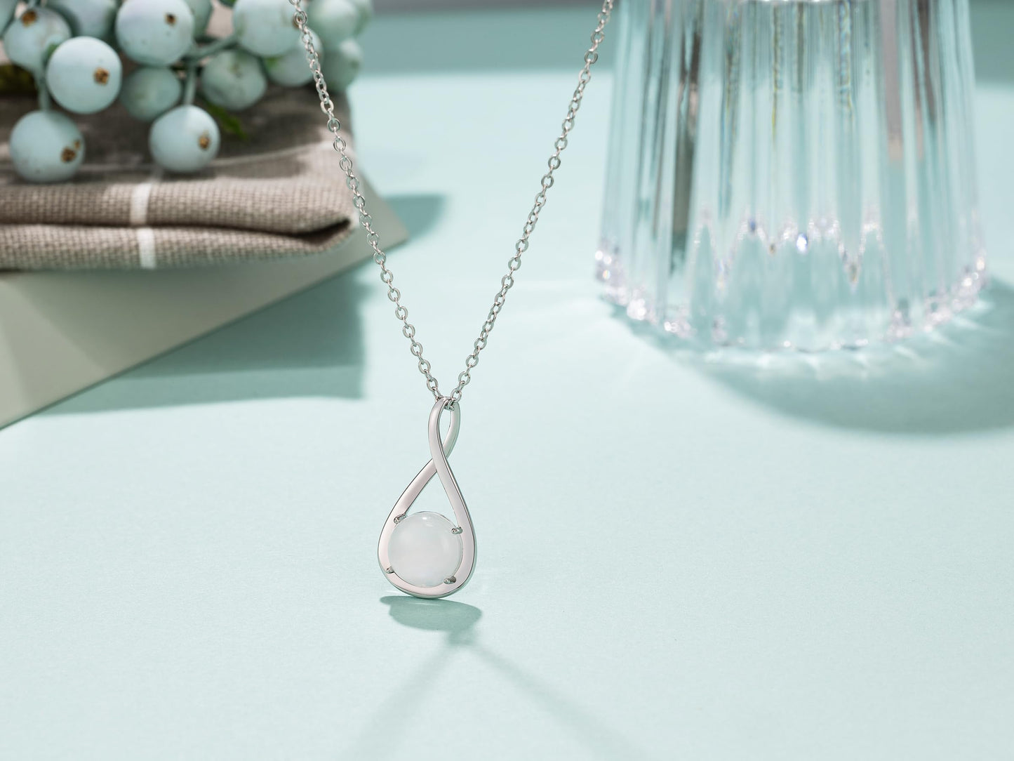 MILEPOSTJEW Sterling Silver Moonstone Necklace, Infinity Pendant with Chain, New Beginnings Gift with White Sage