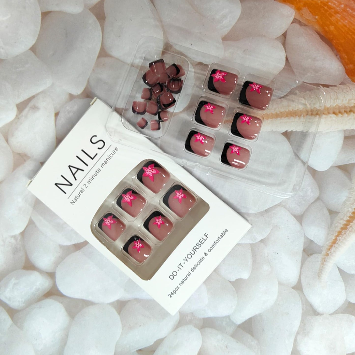 Black French Tip Press on Toenails Short Square Fake Toe Nails with Pink Flower Design Acrylic Toe Nail Press ons Glossy Summer False Toenails Stick on Toe Nails for Coquette Women 24Pcs
