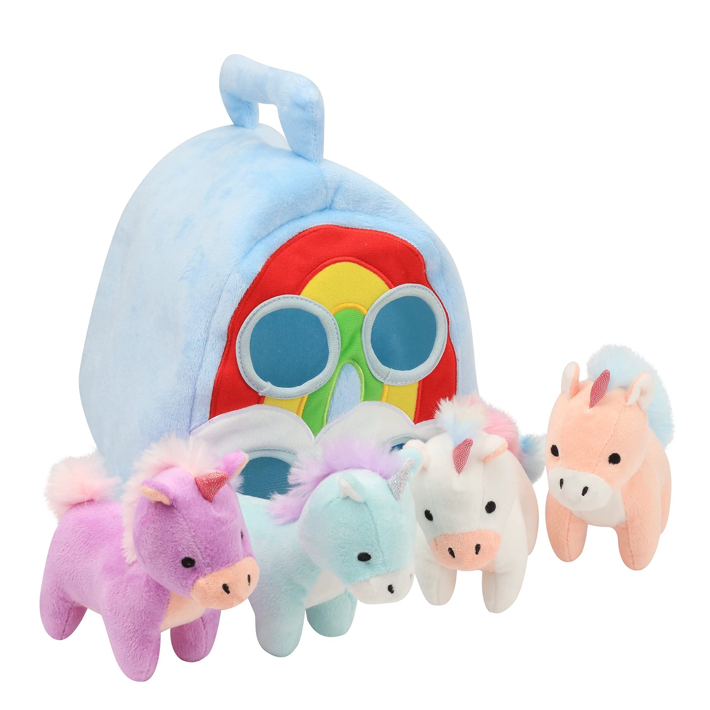 Hopearl Magic Unicorn House Interactive Plush Toy Set Fun Playhouse for Toddlers Early Learning Educational Gift for Kids Cute Pony Hide & Seek Game, 11''