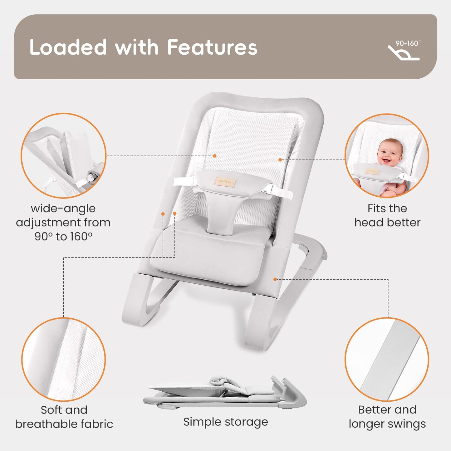 Baby Bouncer for Newborns 0-12 Months: 0-5 Years Portable Infant Seat with Soft Grey Fabric, Adjustable Recline & 3-Point Harness, Supports Up to 60 lbs
