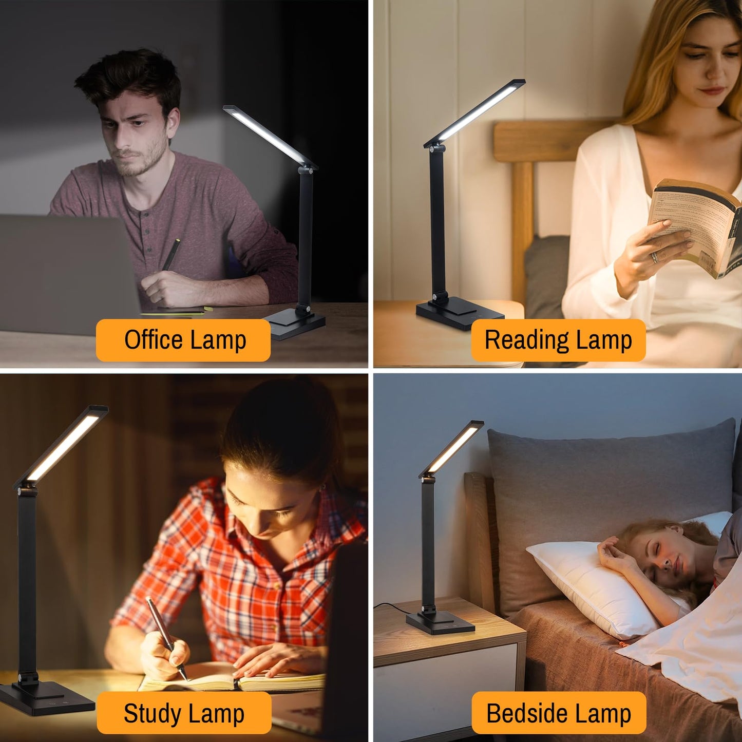 ErayLife Rechargeable LED Desk Lamp, 800LM 2600mAh Reading Table Lamp, 5 Color Modes 5 Brightness Touch LED Desk Lamps, Bedside Lamp with USB Charging Port for Study Home Office Nail, Black