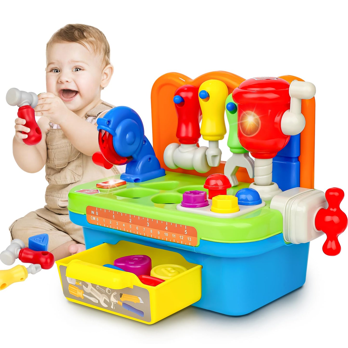 Cinne Toddler Tool Set, Kids Tool Bench with Light & Sound, Toddler Workbench with Shape Sorter, Toys for 1 Year Old Boy Gifts