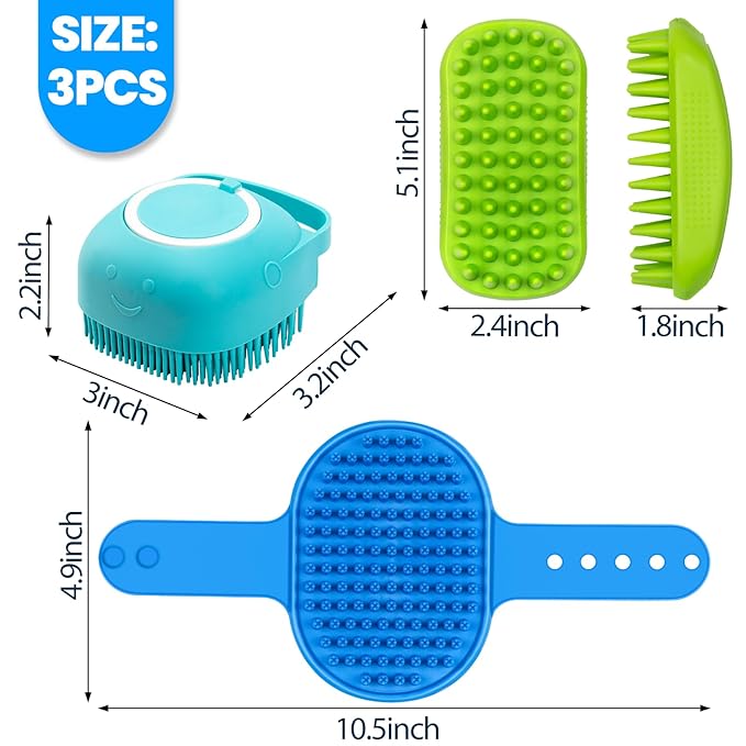 KYHSC 3PCS Dog Bath Brush, Shampoo, Shower, Scrubber for Bath, Dog Bath Supplies, Suitable for Deshedding, Washing & Grooming of Short and Long Haired Pets (Blue Green Blue)