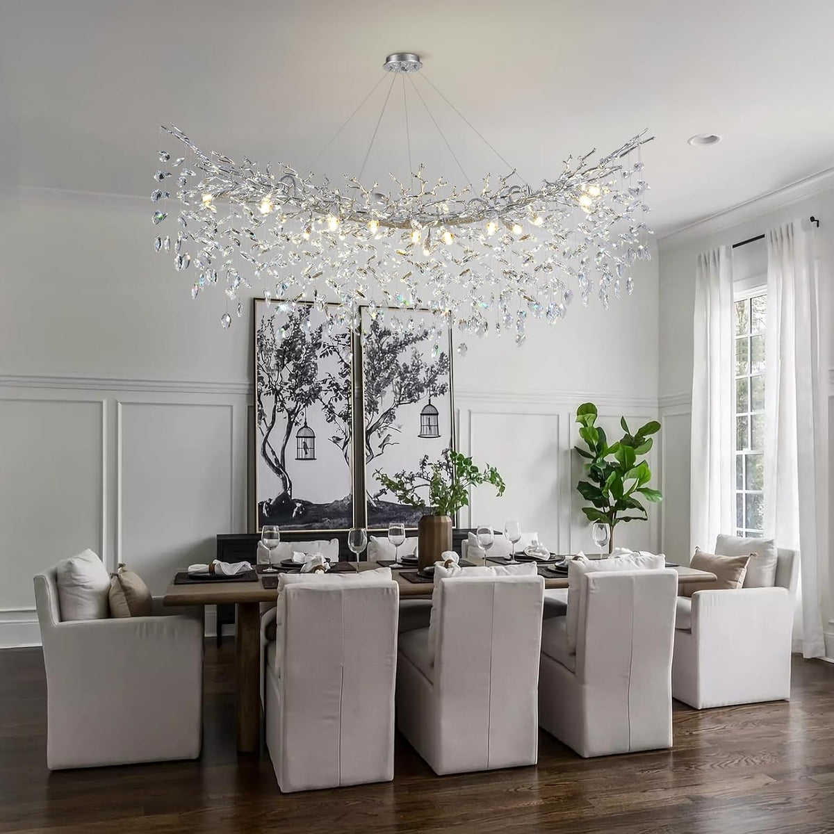 Modern Crystal Silver Chandelier, 55" Large Rectangular Oval Tree Branch Crystal Chandeliers for Dining Room,16-Light Flush Mount K9 Crystal Chandeliers, for Kitchen Island,Dining Room