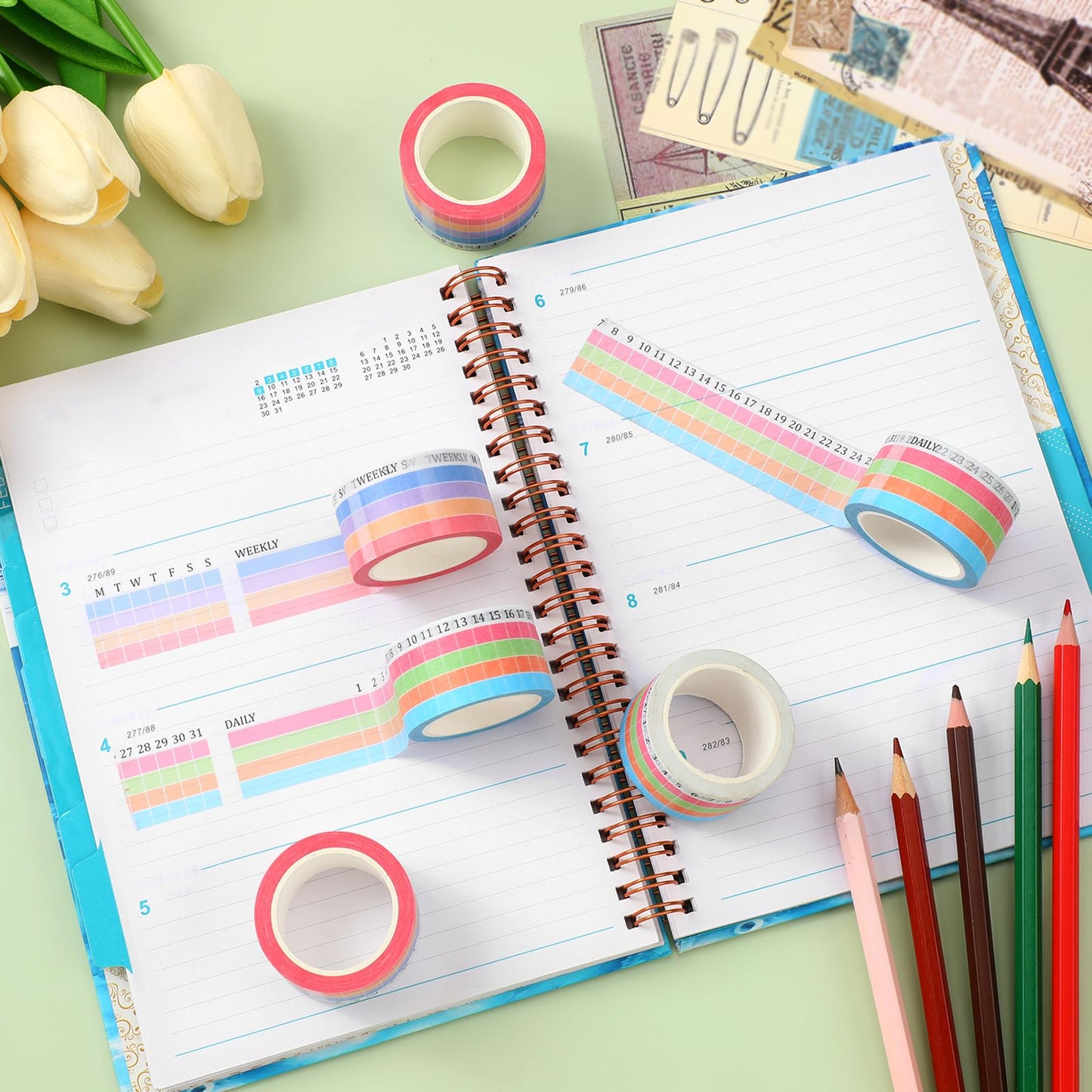 Epakh Habit Tracker Washi Tape Set, 6 Rolls Writable Calendar Planner Tapes with Day Week Number, Decorative Masking Tape for Journals Planners, Back to School Supplies for Students Teachers