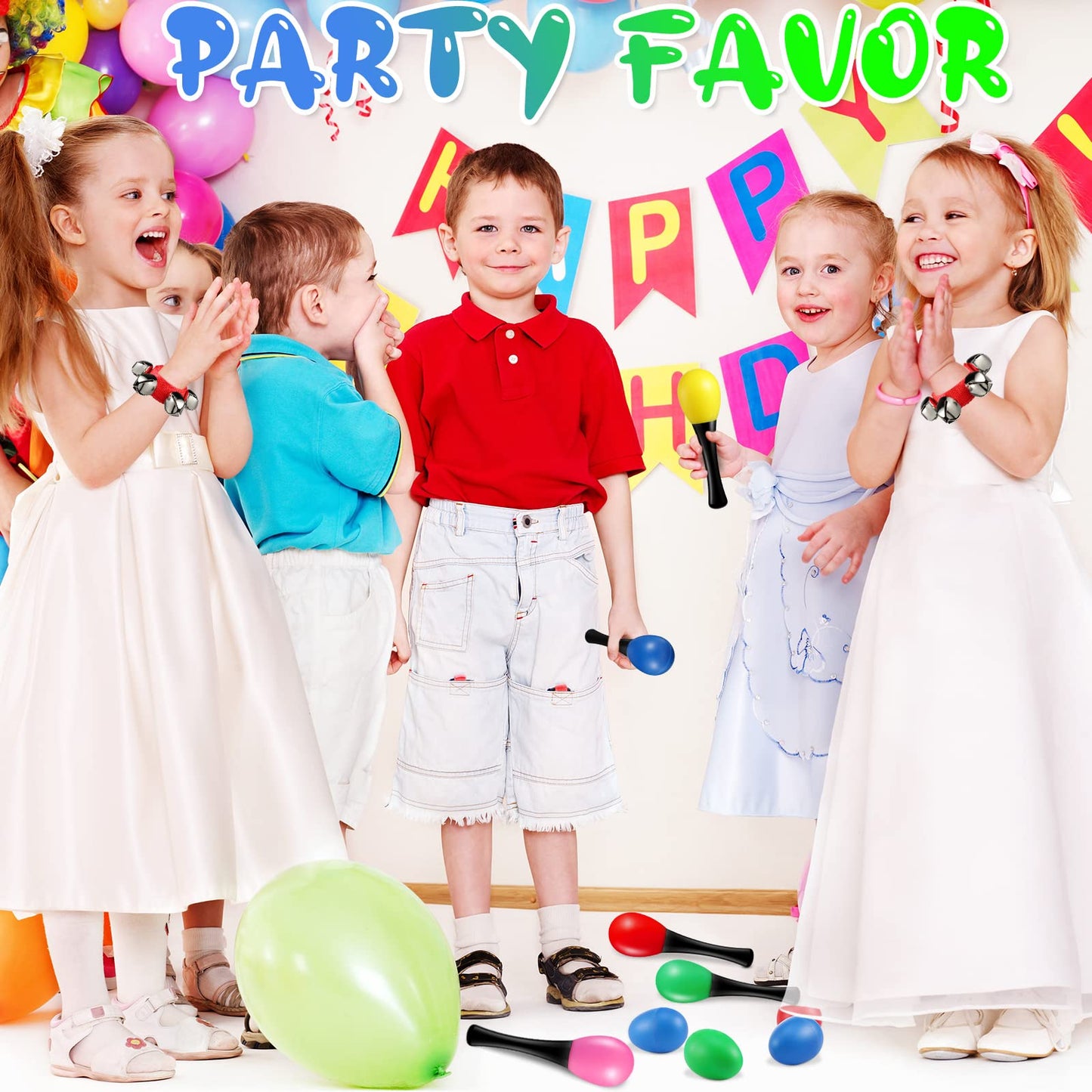 60 Pcs Shaker Musical Instruments Kids Party Favor Baby Learning Percussion Toy, Including 20 Wrist Hand Band Jingle Bells, 20 Egg Shakers and 20 Maracas Rattle Shaker Sand Hammers