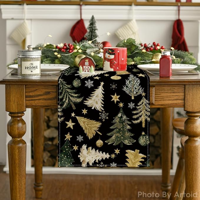 Artoid Mode Gloden Pine Trees Snowflake 210 GSM Christmas Table Runner,Xmas Balls Winter Holiday Kitchen Dining Table Decoration for Home Party Decor 13x90 Inch
