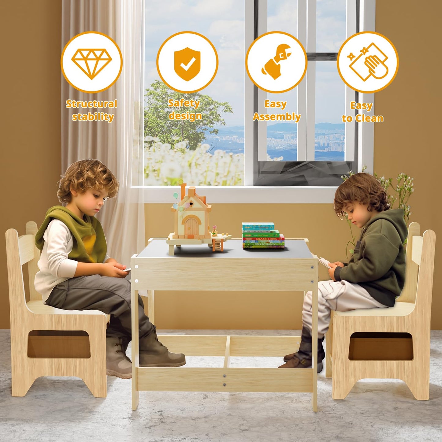 Kids Table and Chair Set, Wooden Activity Table with Storage Drawer, Detachable Tabletop for Toddlers Drawing, Reading, Art Crafts, Kids Learning Table and Chair Set for Home, Playroom (Wood color)