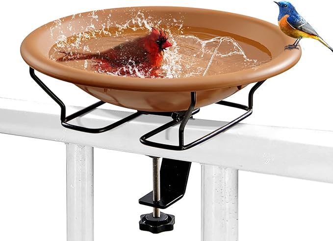 Jealoeur Bird Bath Deck Mounted 12 Inches, Deck Adjustable Steel Clamp 3.5 Inches, Balcony Railing Birdbaths Unheated(Brown)