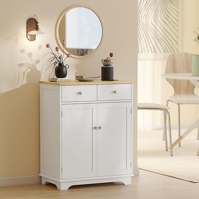 HOMCOM Sideboard with Solid Wood Countertop, Modern Kitchen Storage Cabinet, Coffee Bar Cabinet with 2 Drawers, Doors and Adjustable Shelf, White