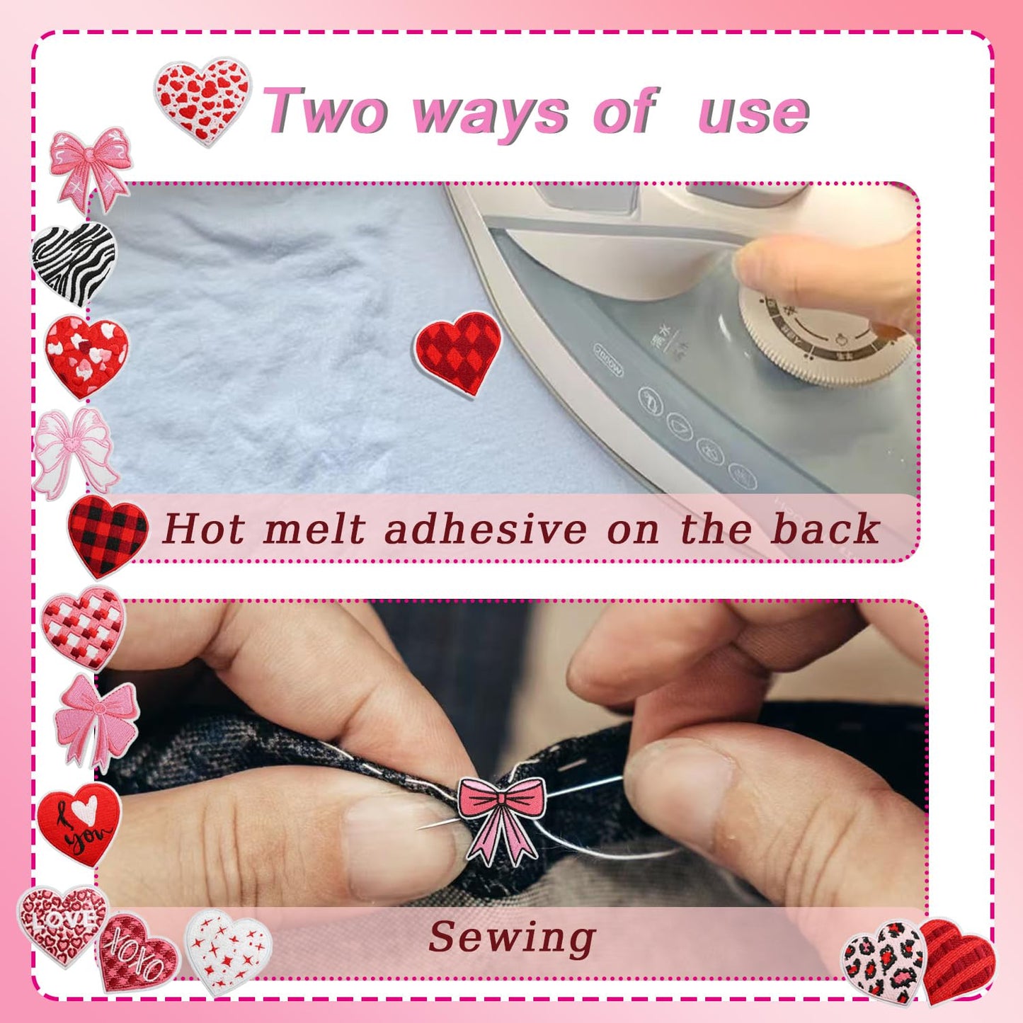 16 Pcs Valentines Iron on Patches Romantic Embroidered Sew Applique Repair Patch for Clothes, Backpacks, Red Love Heart Pink Bow Designs Iron on Patch
