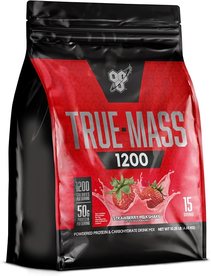 BSN TRUE-MASS Weight Gainer, Muscle Mass Gainer Protein Powder, Strawberry Milkshake, 10.25 Pound