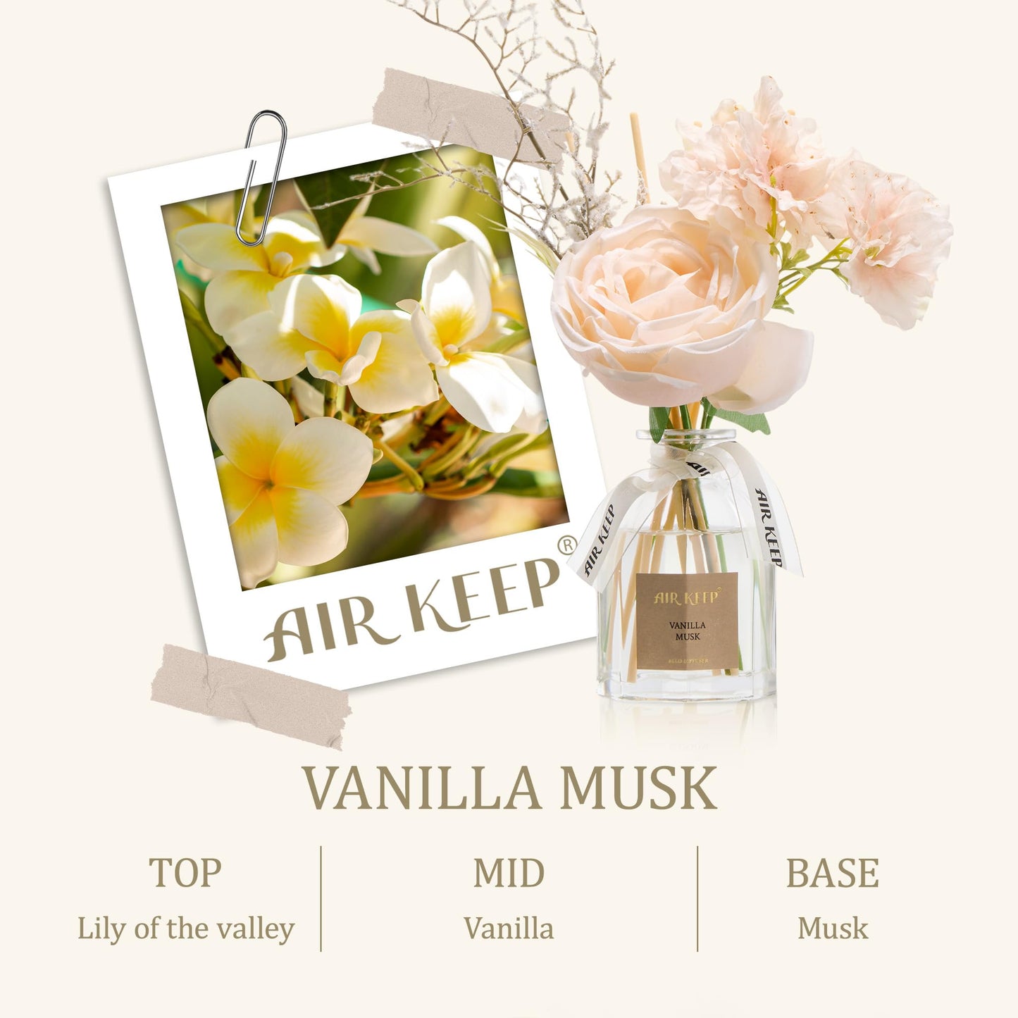 Airkeep Flower Reed Diffuser Set, Vanilla Musk Diffuser Gift Set,4.06 fl oz Essential Oil Sticks Diffusers for Bathroom Air Freshener, Aromatherapy Home Fragrance for Shelf Decor, Gift for Women Mom