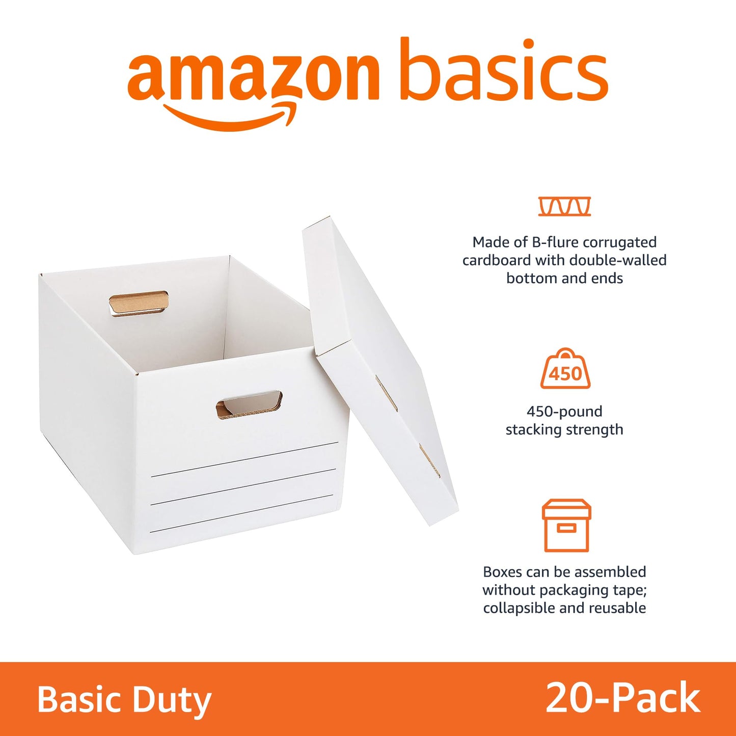 Amazon Basics Storage/Filing Boxes with Lift-Off Lid, Letter/Legal Size, Collapsible, Tape-Free Assembly, White, 16.2" L x 12.5" W x 10.5" H, 20-Pack