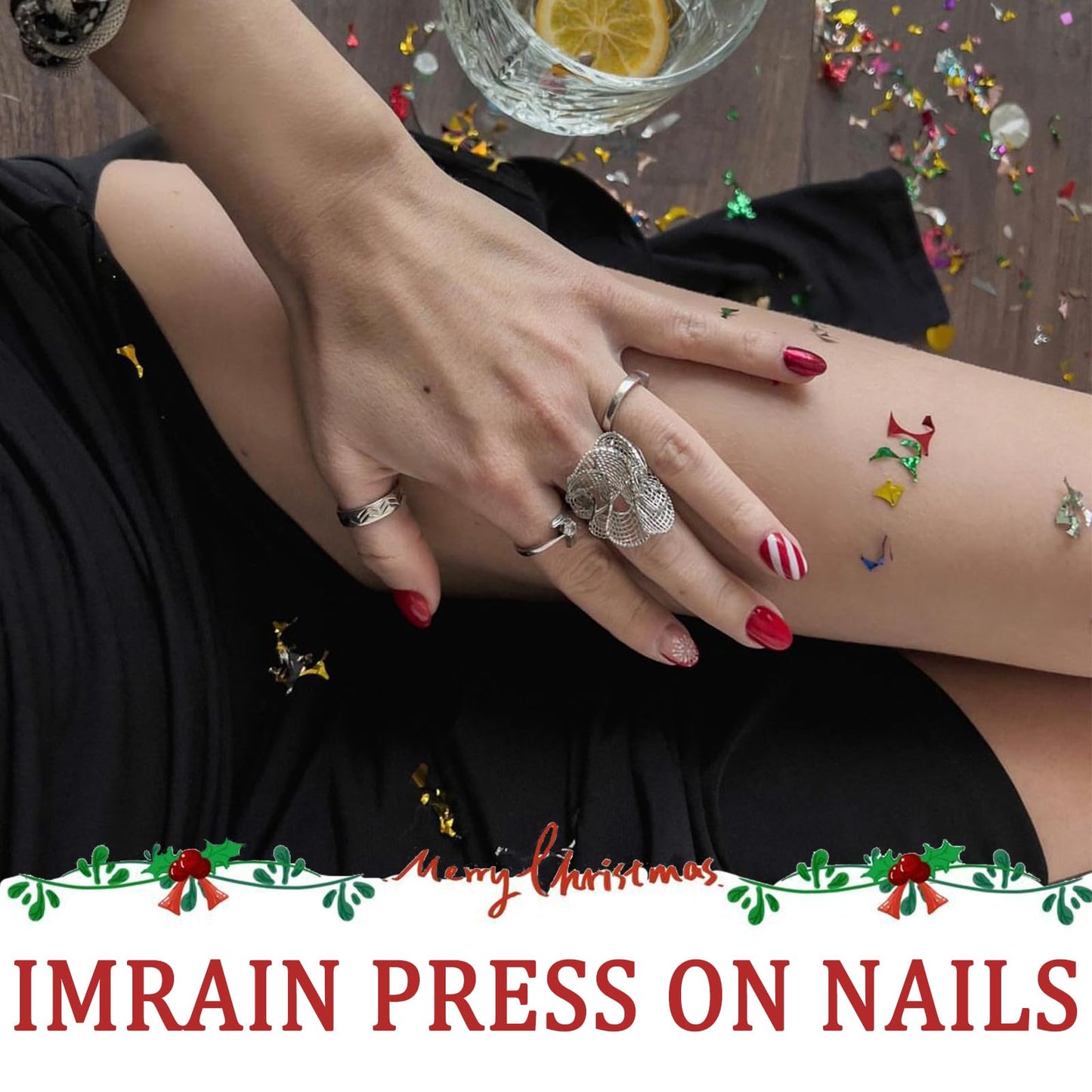 IMRAIN Short Square Press on Nails Blue White Fake Nails with Snowflakes Designs Gel Glue on Nails Glossy Xmas Acrylic False Nails Winter Stick on Fingernails for Women