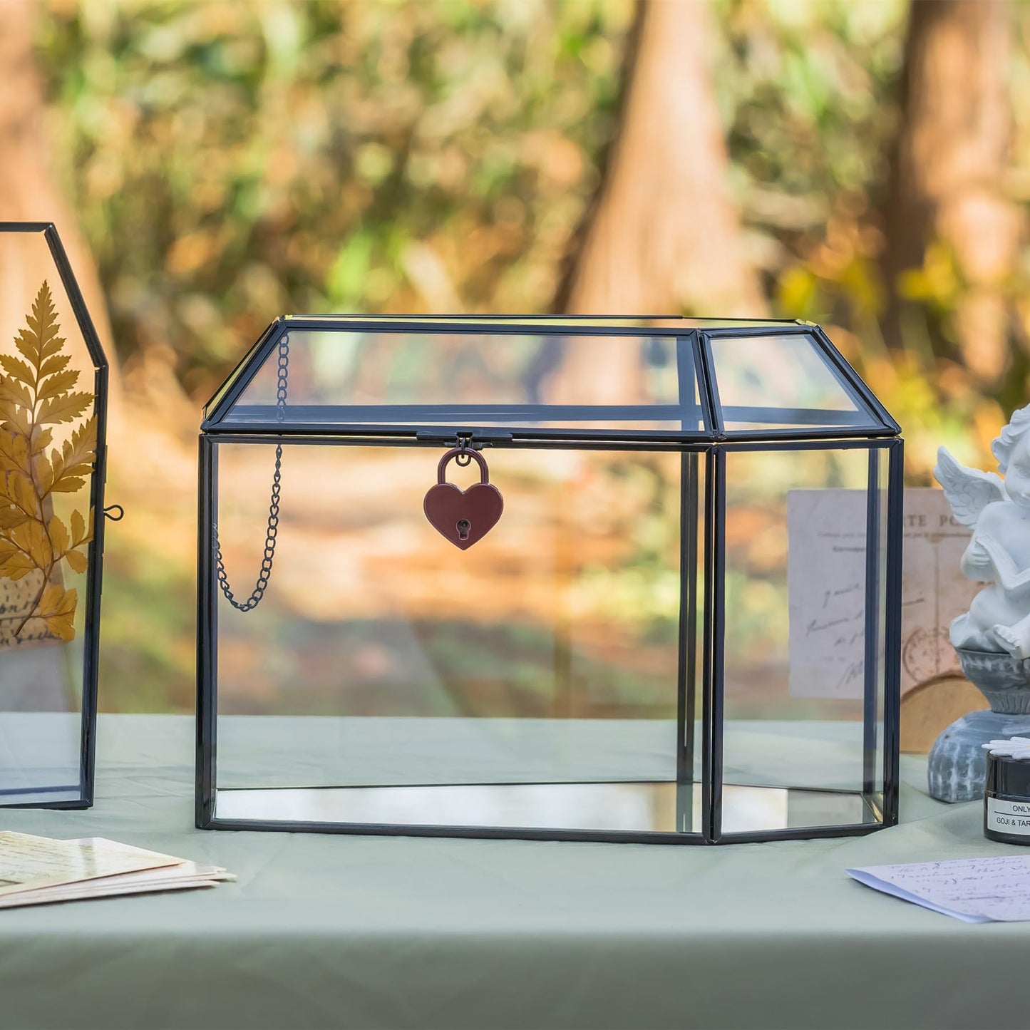 NCYP Gothic Glass Box with Swing Lid and Lock, Geometric Keepsake Card Display Organizer for Wedding Party - Halloween Decoration, Black Coffin-Shaped, 10.4" x 5.7" x 7.5" (Glass Box Only)