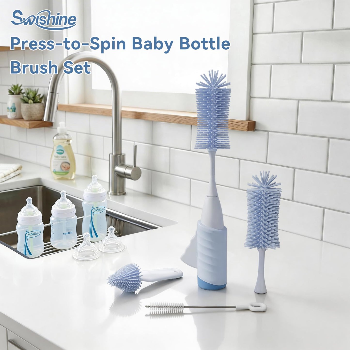 Swishine Baby Bottle Brush Set, Innovative Efficient Press-to-Spin Brush Cleaner - Includes Silicone Bottle Brush, Nipple Brush, Straw Cleaner - Spinning Generates Rich Foam for Deep Cleaning, Blue