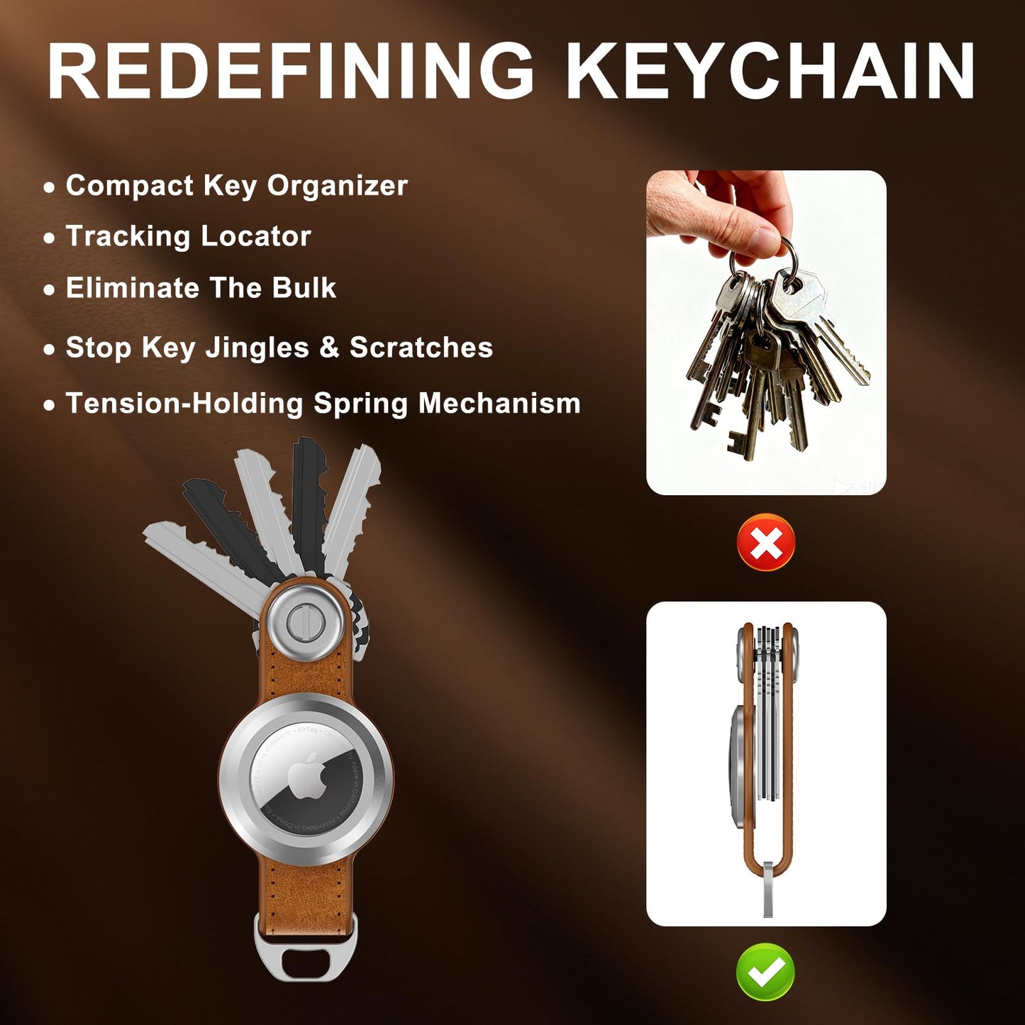 Loovike.com Leather Key Organizer KeyChain with Airtag | Airtag Keychain Holder - Compatible with Airtag Holder,(Not Include AirTag)(Crazy Horse)