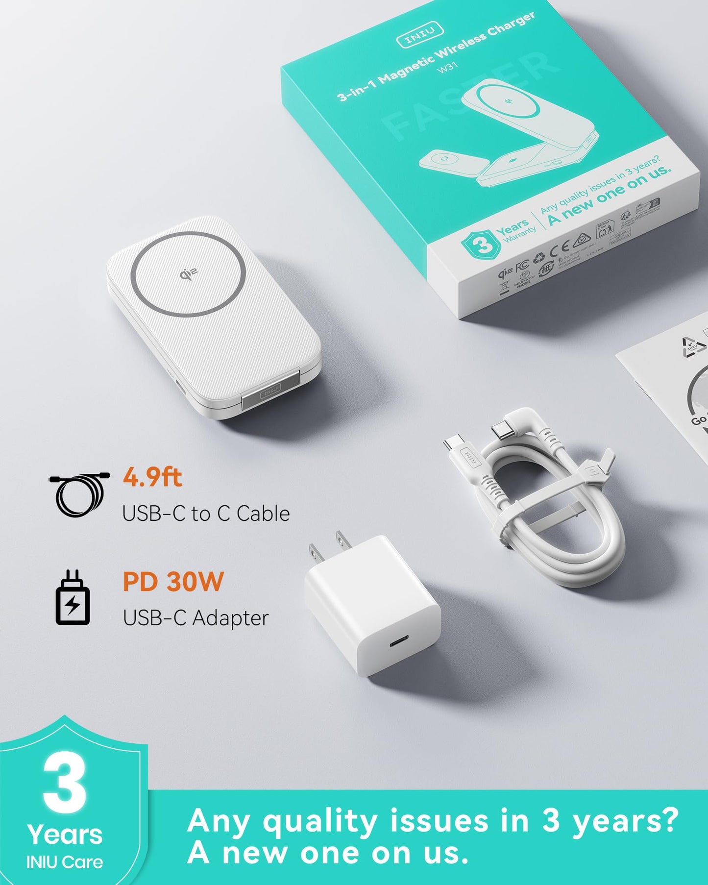 INIU Foldable Magnetic Wireless Charger, Qi2 Certified 3-in-1 Travel Charging Station with 15W Fast Charge - Compatible with Mag-Safe for iPhone 17/16/15 Series, Apple Watch, AirPods (White)