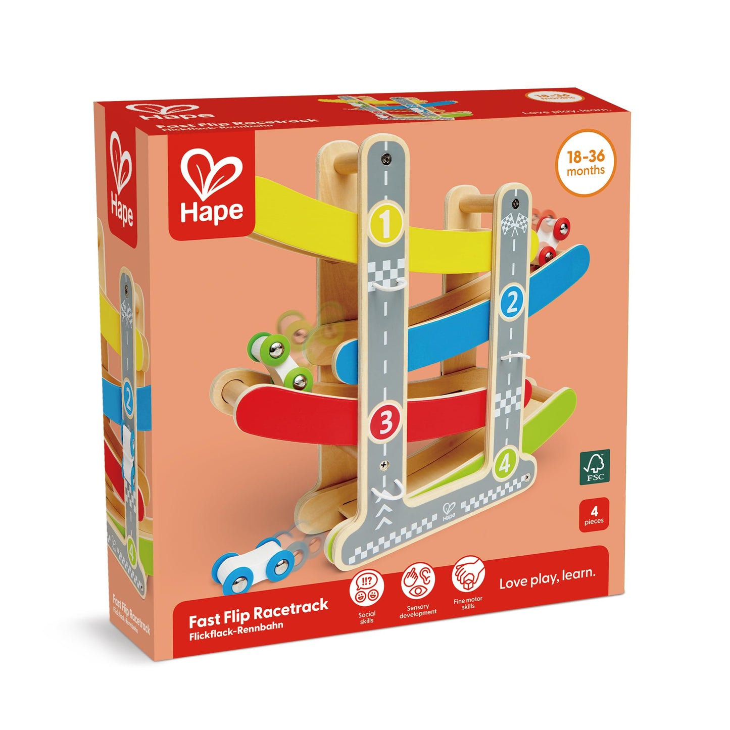 Hape Oddler Toys for 1 2 Year Old Boy & Girl Gifts Wooden Race Track Car Ramp Racer with 4 Mini Cars