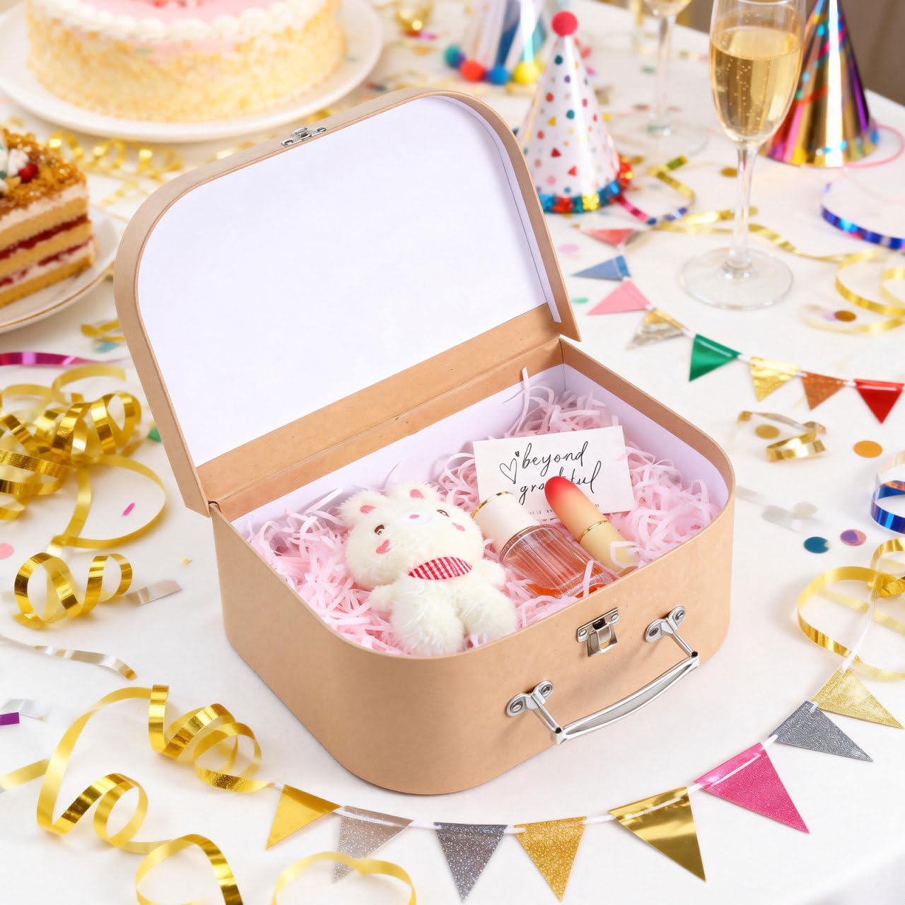 POPETPOP Kraft Paper Suitcase Gift Packaging Box with Handle 10.03X7.48X3.93In Multi-Functional Decorative Storage Case for Jewelry Wedding and Small Items