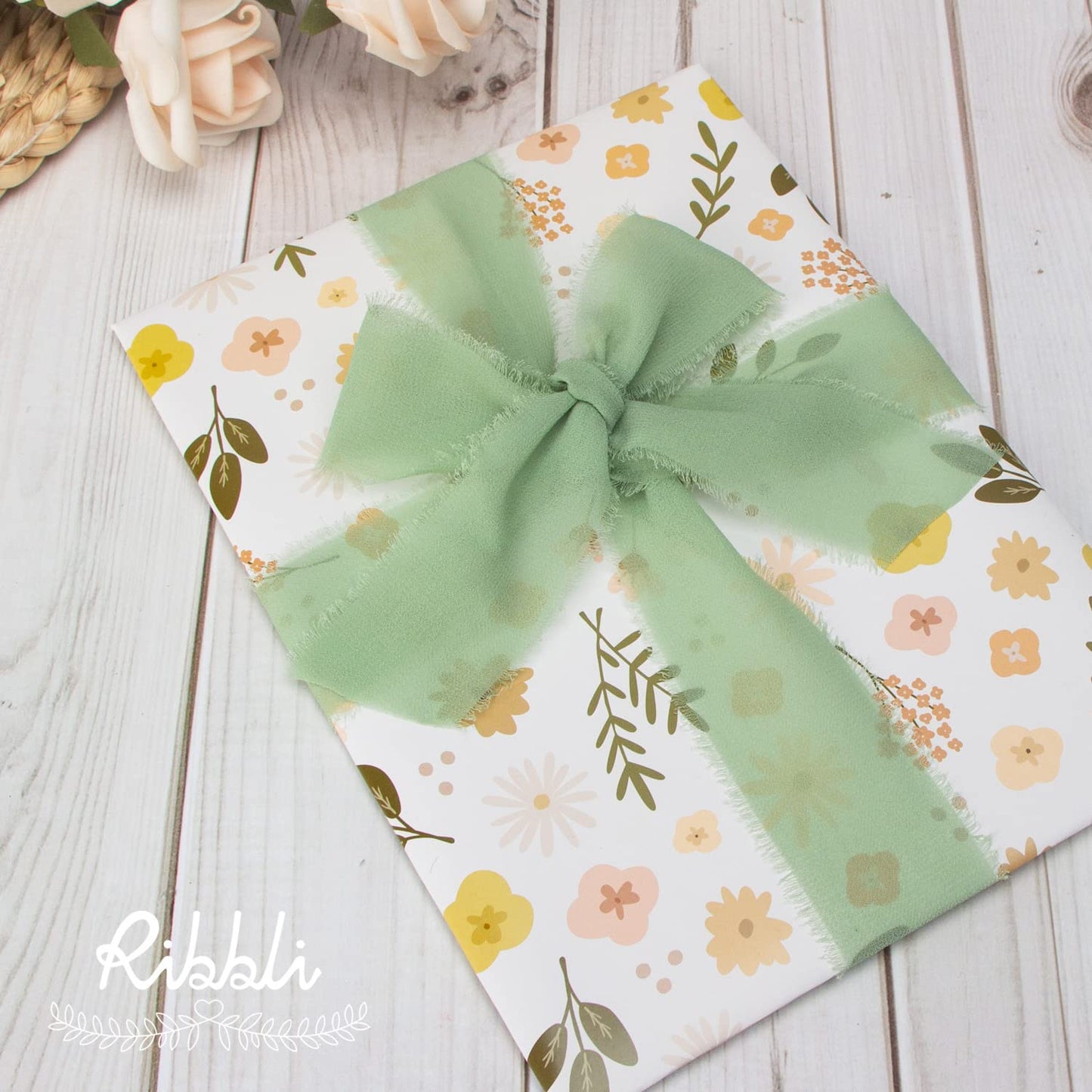 Ribbli Sage Green Chiffon Ribbon - 1-1/2 inch x 20 Yard, Handmade Fringe Chiffon Ribbon for Gift Wrapping, Wedding Invitations, Bridal Bouquets, Flower Arrangement Decoration