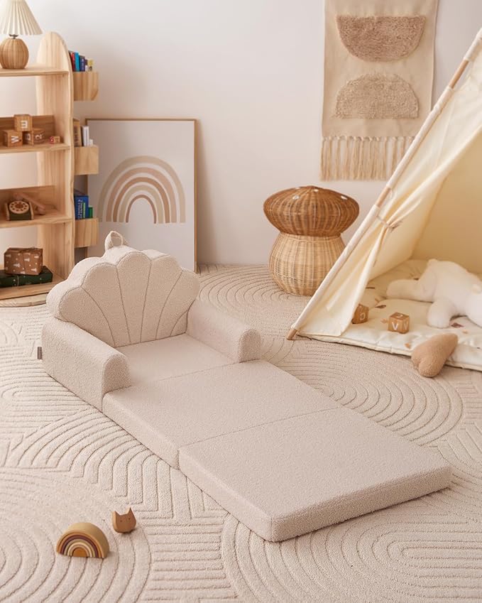 Blissful Diary Kids Couch, 2-in-1 Soft Toddler Couch Fold Out, Toddler Chair Comfy, Convertible Sofa to Lounger, Kids Furniture for Playroom, Gift for Birthday, Children's Day, Beige Shell