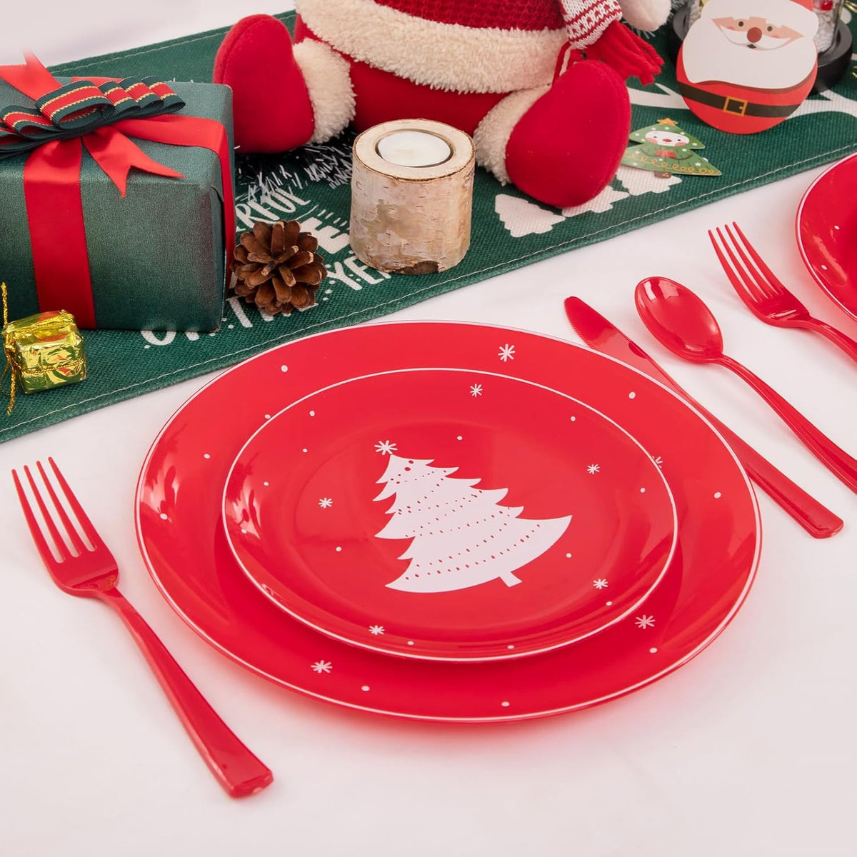 WDF 50 Pieces Plastic Christmas Plates - Red and White Plastic Plates with Christmas Tree include 25 Dinner Plates, 25 Salad Plates - Red White Party Plastic Plates for Christmas, Winter