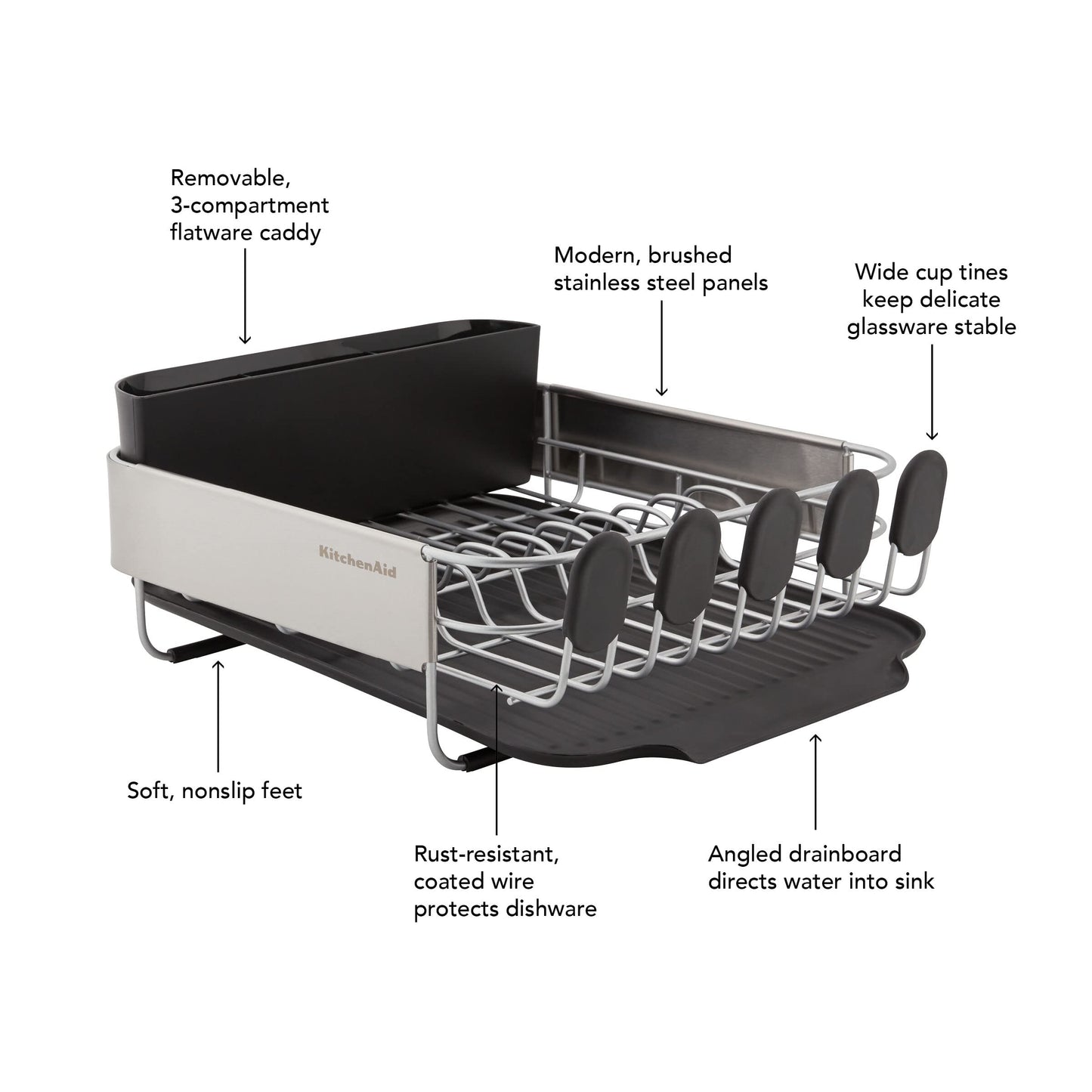 KitchenAid Compact, Space Saving Rust Resistant Dish Rack with Removable Flatware Caddy and Angled Self Draining Drainboard, 16.06-Inch, Black