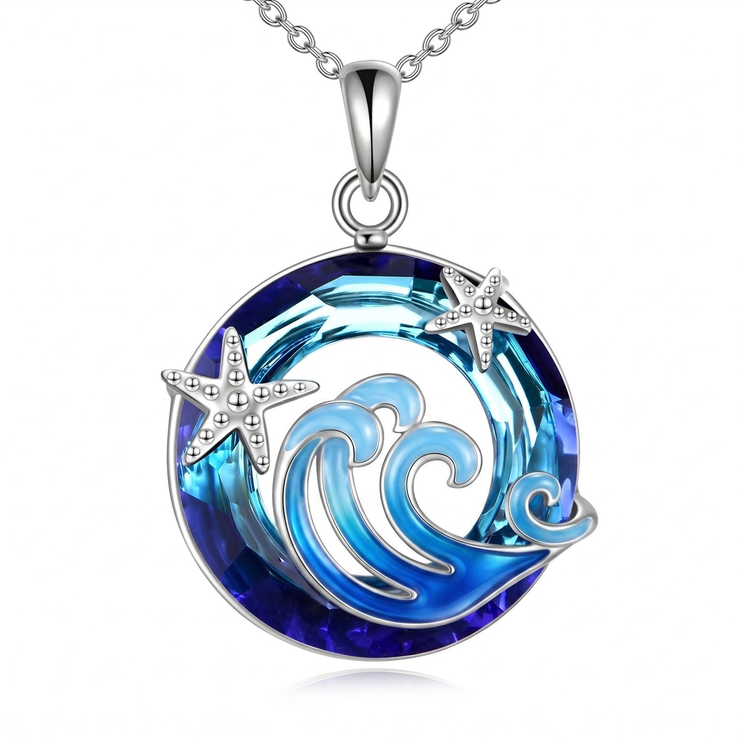 CRMAD Ocean Beach Necklace for Women Sterling Silver Starfish Wave Ocean Jewelry Gifts (blue wave)
