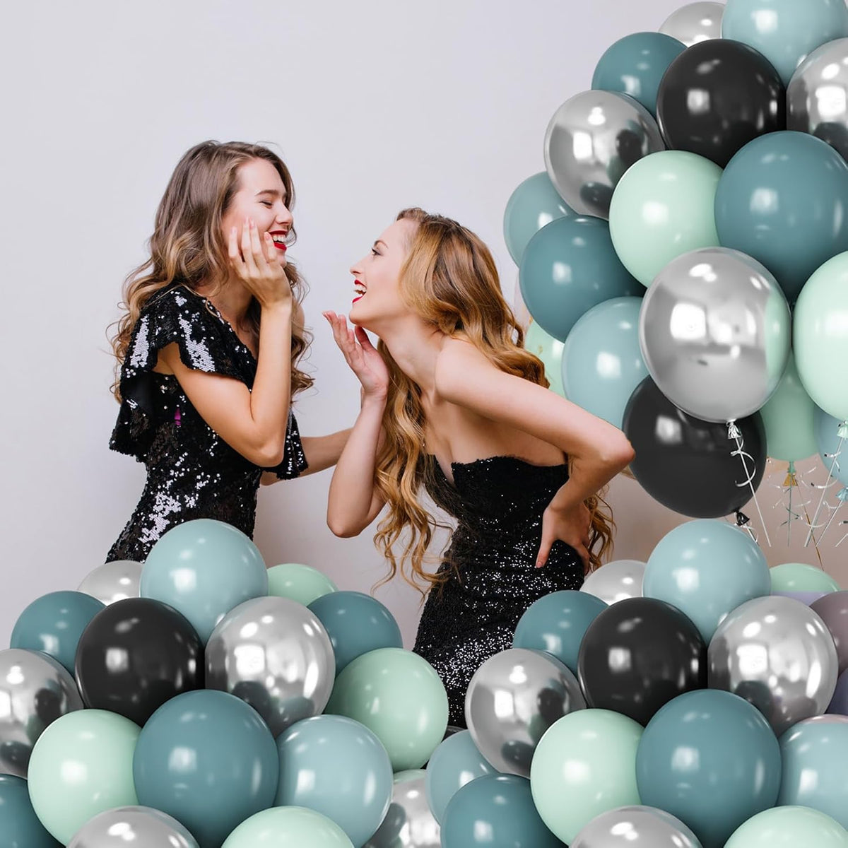 Dusty Blue and Black Balloons 60pcs 12 Inch Race Car Slate Light Pale Blue Green Black Metallic Silver Latex Helium Balloon for Boys Race Car Fast Birthday Safari Baby Shower Party Decorations