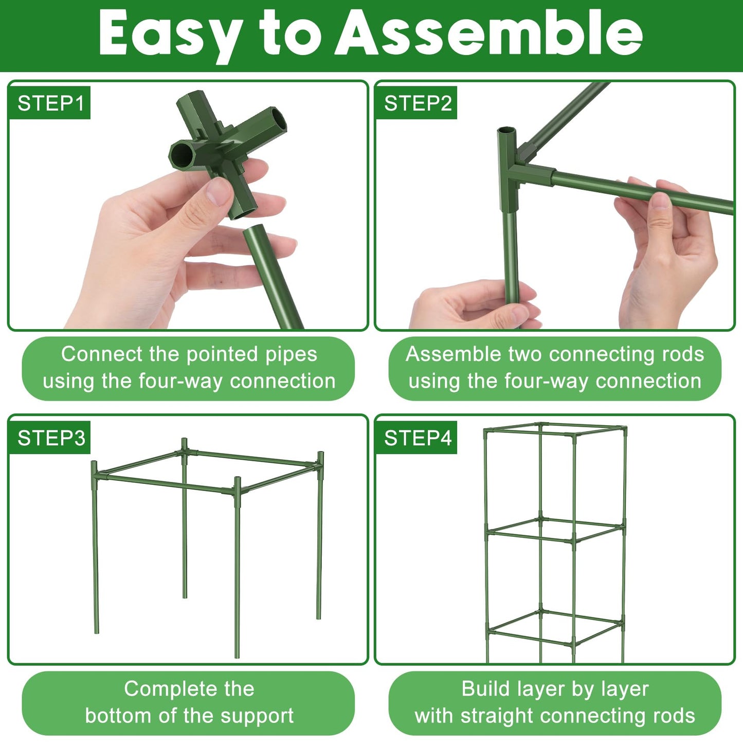 Unves 3 Pack Tomato Cage for Garden, 16" W x 66" H Square Tomato Trellis Plant Support Frame with 50 Pcs Plant Clips, Suitable for Climbing Vegetables, Flowers, and Fruits