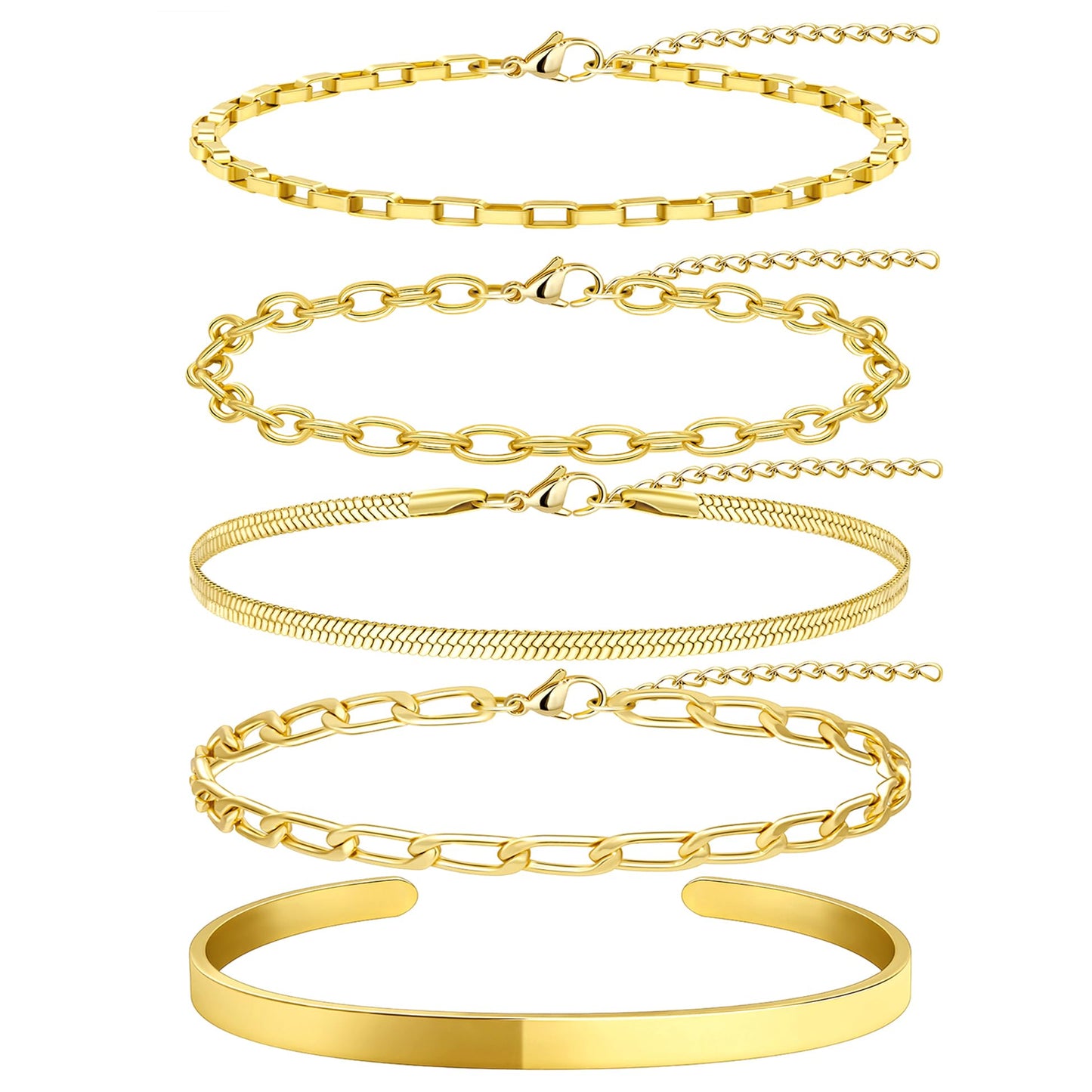 5PCS Gold Bracelet Stack for Women, Dainty Stackable Gold Bracelets Set, Gold Plated Stainless Steel Cuff & Chain Bracelets for Women Trendy, Gold Jewelry Set Gift