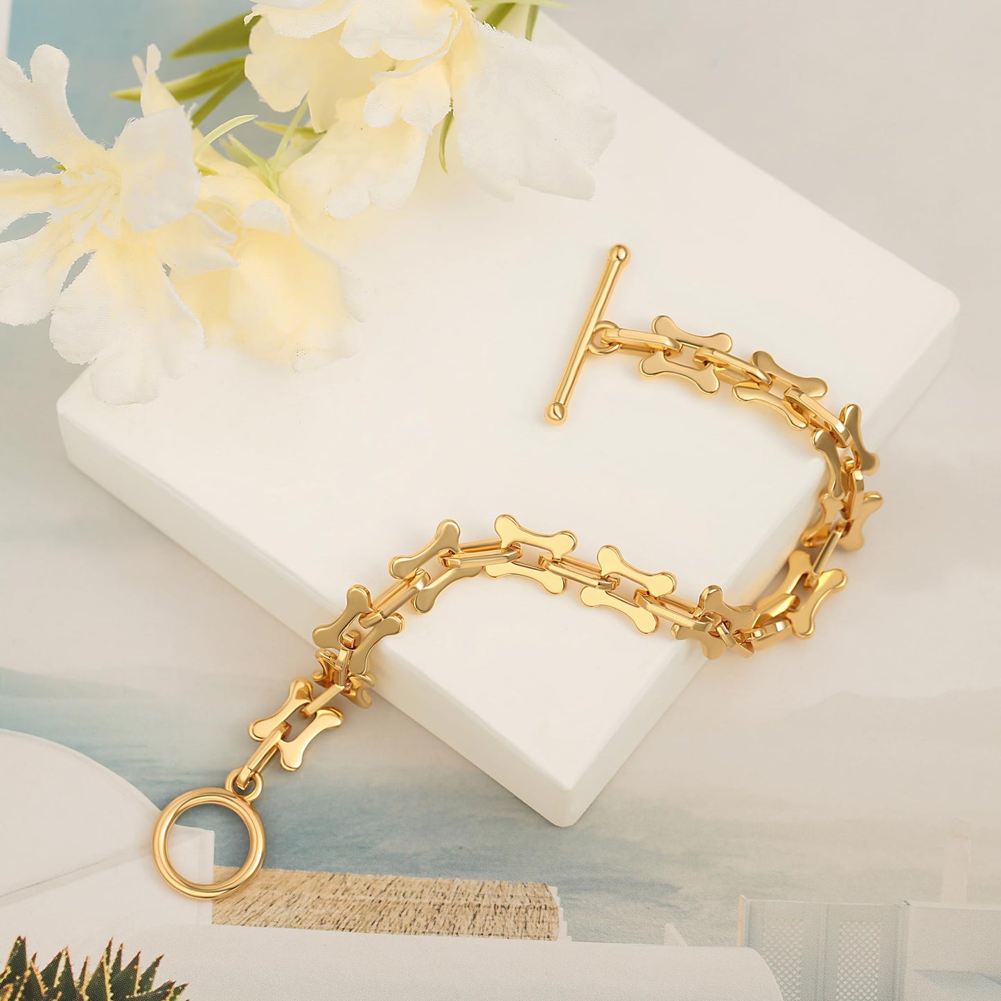 SOFYBJA Dainty 18K Gold Plated Chunky Bone Link Chain Bracelet for Women Toggle Layered Jewelry