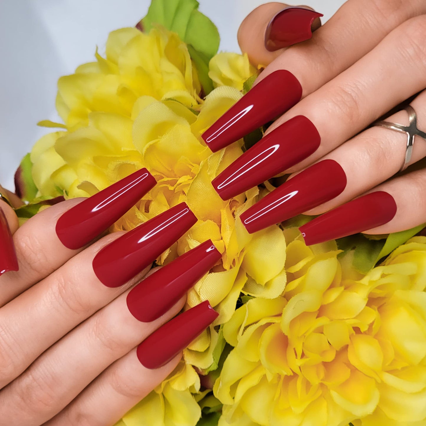 Hypnaughty 24 Pcs Passion Red Gloss Extra Long Press On Nails and Glue XL Reusable Solid Color Crimson Red False Nails (Passion)