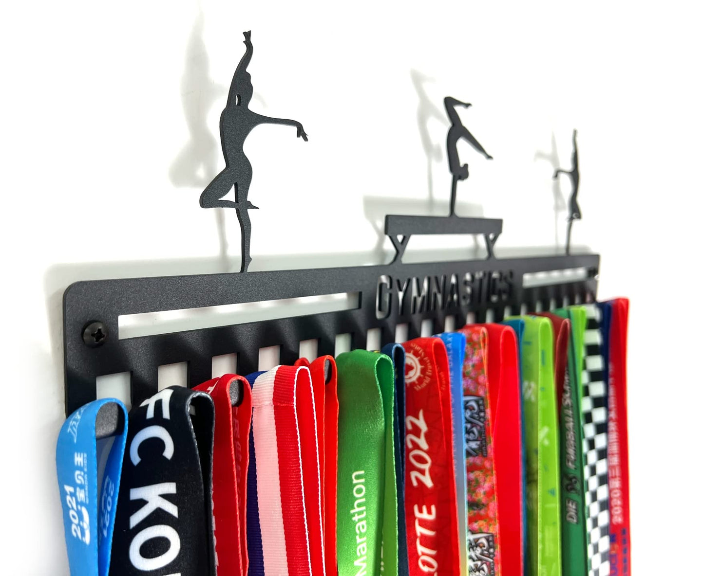 Gymnastics Medal Hanger Display, Ribbon Holder Rack, Metal Wall Mount Medal Holder Floating Shelves, 20 Easy Hang Hooks, Ribbon Display Wall Decor, Great Gift for Gymnasts, Cheerleaders (Black)