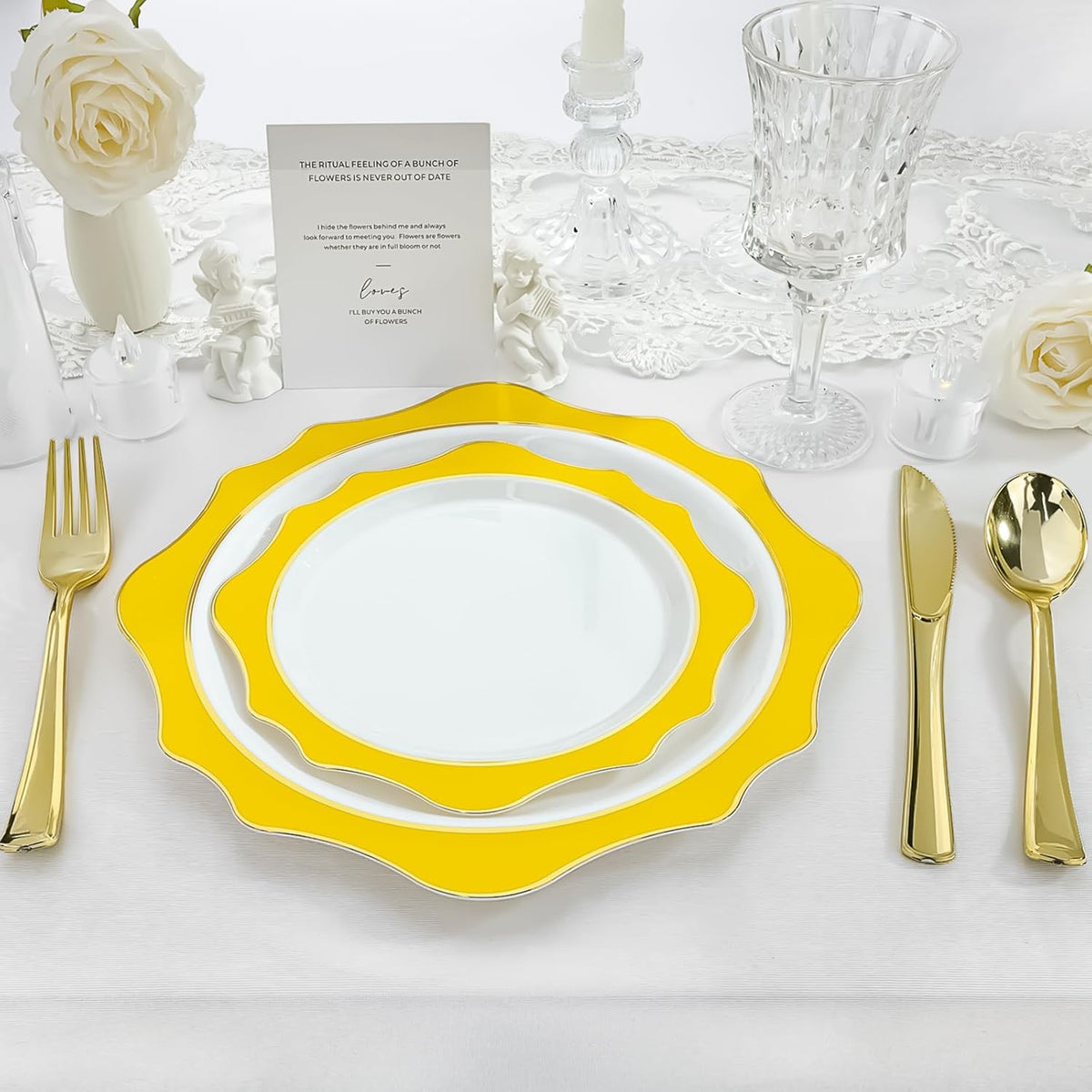 100 PCS White and Yellow Disposable Plates for 50 Guests, Scalloped Plastic Plates Include 50 Dinner Plates and 50 Dessert Plates for Party, Wedding