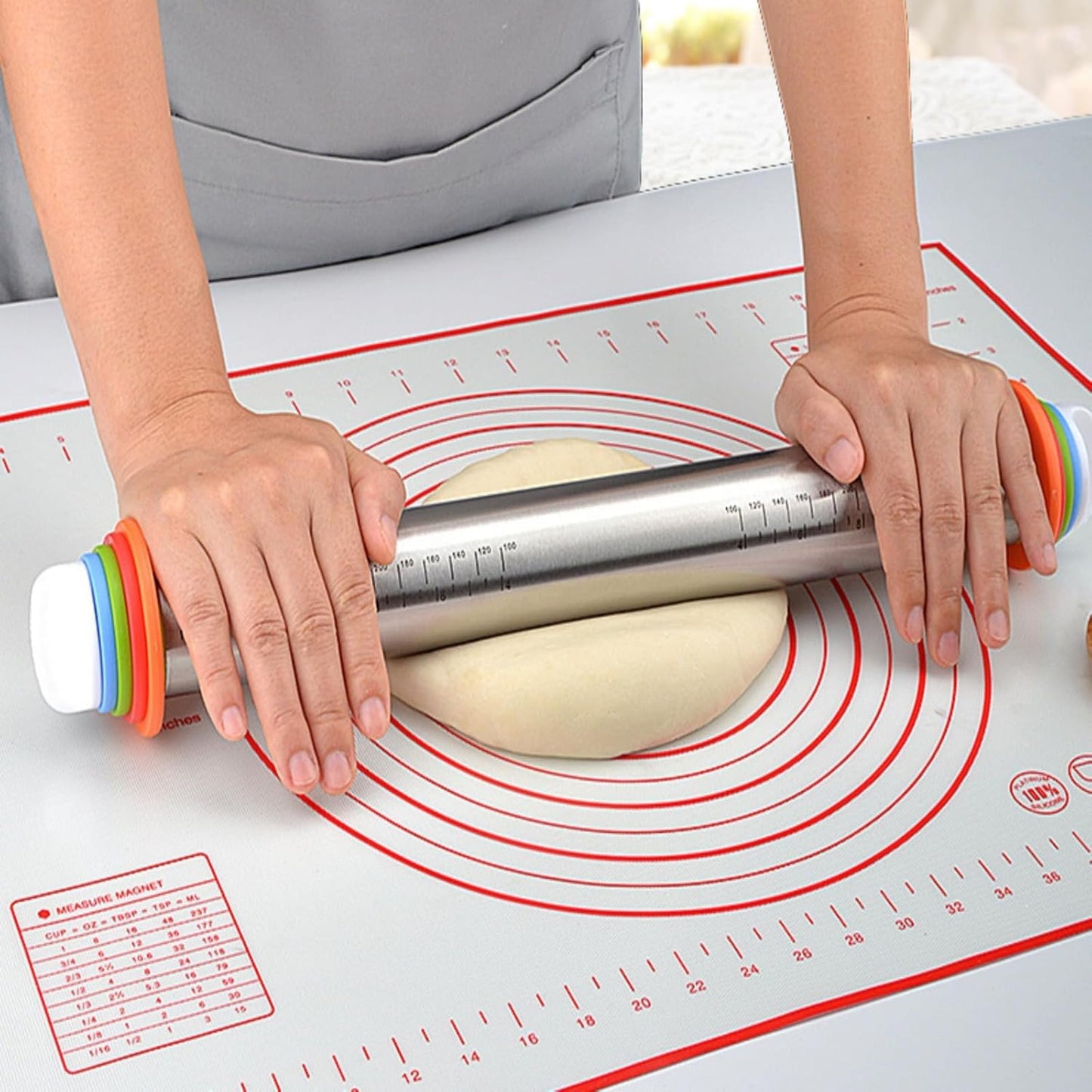 liboyixi Rolling Pin and Pastry Baking Mat Set, 17-inch Rolling Pins with Adjustable Thickness Rings, Stainless Steel Dough Roller for Baking Fondant, Pizza, Pie, Pastry, Pasta, Cookies (black)