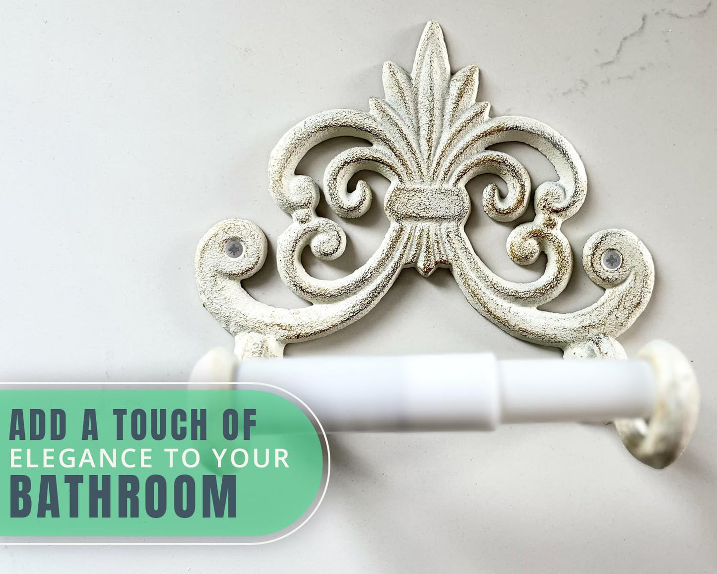Comfify Fleur De Lis Cast Iron Toilet Paper Holder – Wall Mounted Tissue Dispenser – European Vintage Design – 7.28" x 6.29" x 3.74" – Includes Screws and Anchors – Antique White