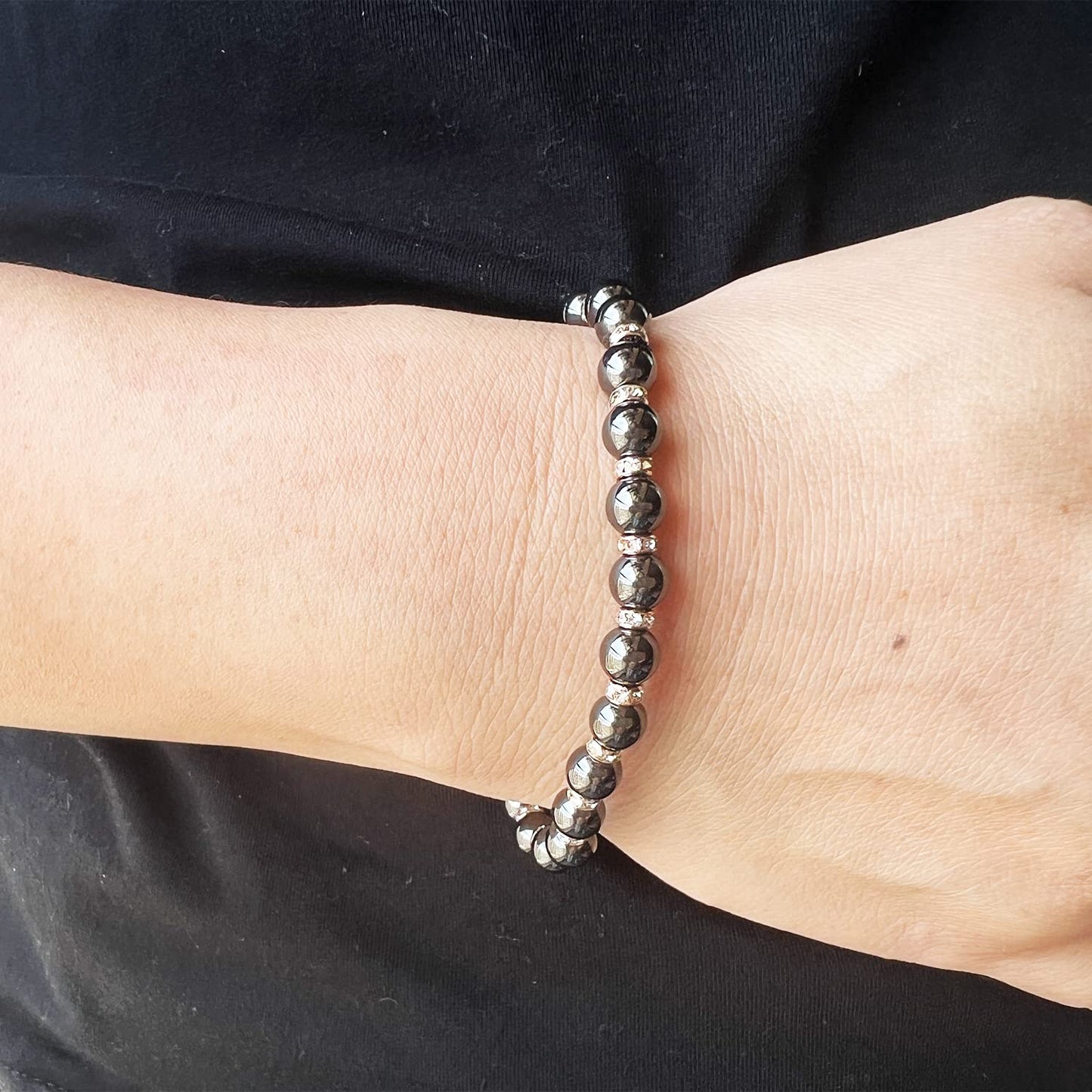 Apocalyptic-K Women's Magnetic Bracelet,Hematite Bracelets,Magnetic Bracelets With Zirconia,Handmade Stretch Bracelet,Eliminates static electricity. (Rose Gold Zirconia,6MM)