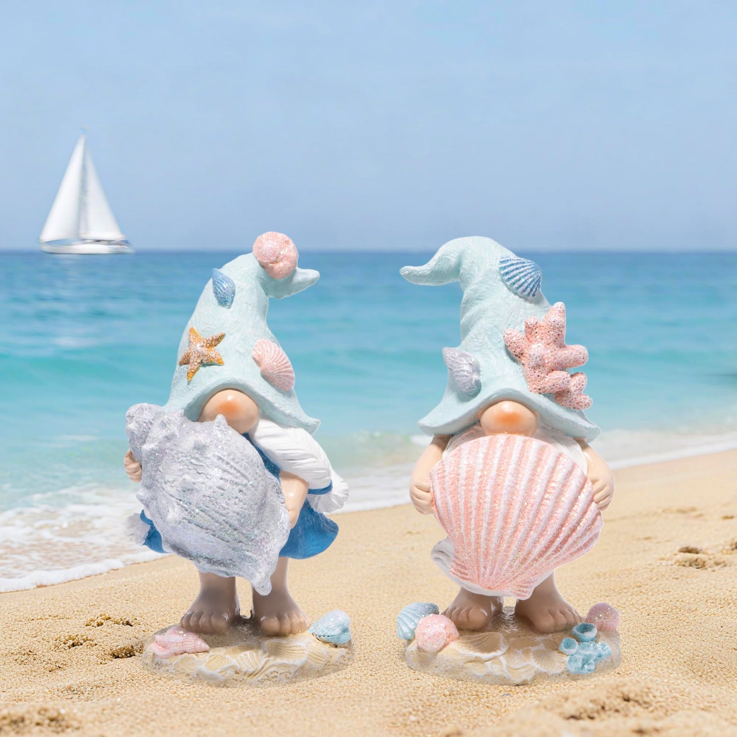 Hodao Coastal Ocean Gnome Figurines – Hand-Painted Resin Beach Gnomes with Seashell & Starfish Hats, Summer Sea Decorations for Indoor Home, Bedroom & Tabletop, for Ocean Lovers