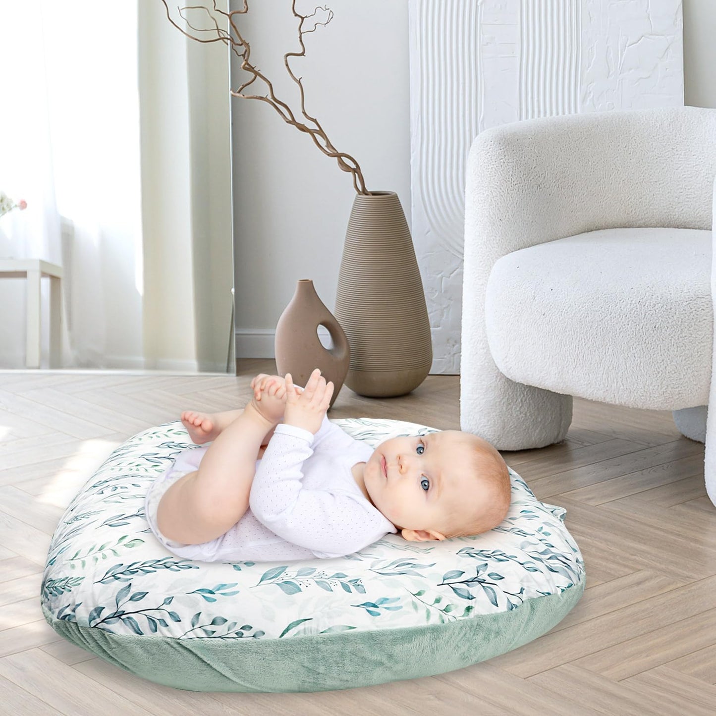 Newborn Lounger Cover, Soft Comfortable Baby Lounger Cover, 1 Pack Reversible Removable Slipover for Infant Lounger Pillow, Green Leaf (Lounger not Included)
