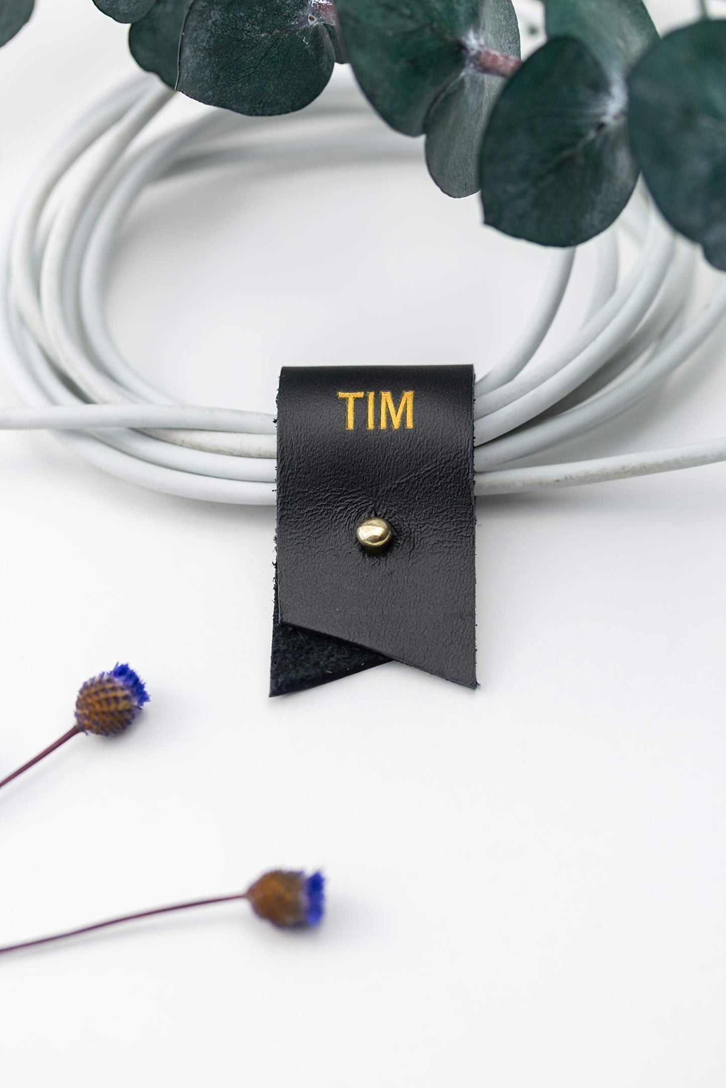 Keyaiira - Personalized Leather Cable Holder with Gold Closure - laptop charging cord keeper customized wire organizer monogram gift ideas tech and travel accessories earbud holder stocking stuffer