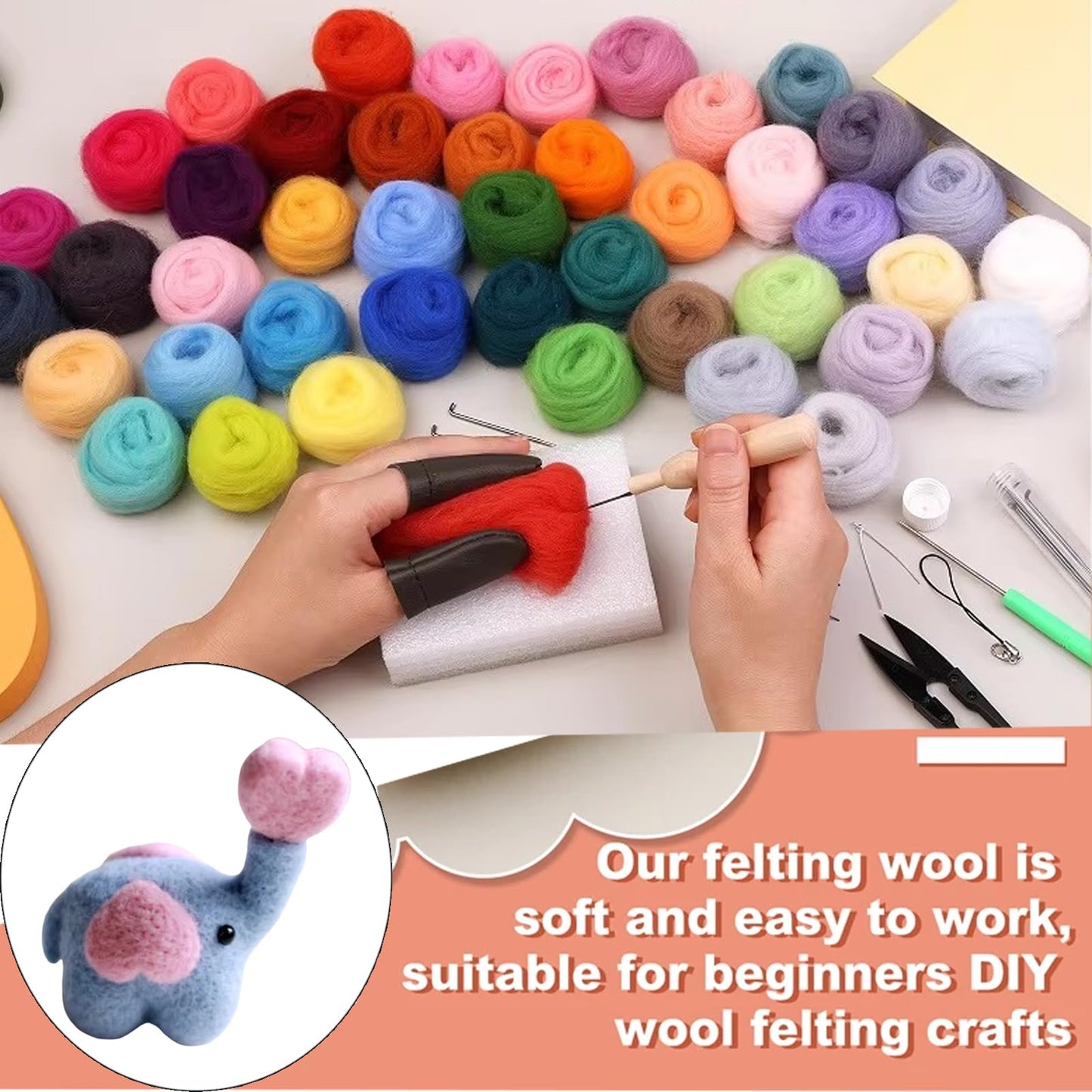Funyn 25 Colors Wool Roving Needle Felting Set Needle Felting Kit Starter Kit Wool Felt Tools for Beginners DIY Craft (25Colors)