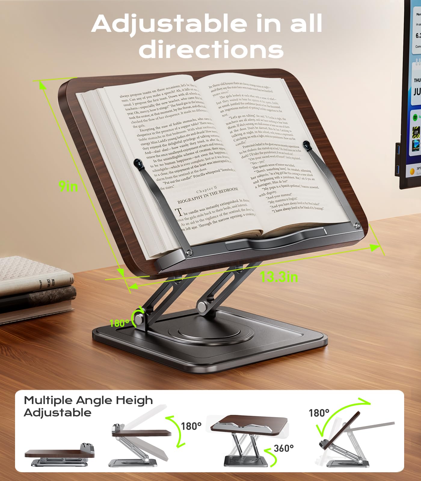 Book Stand for Reading, Adjustable Book Holder with 360°Rotating Bases, Ergonomic Cookbook Stand Recipe Book Holder with Elastic Page Clips for Magazines, Tablets, Laptops,Black