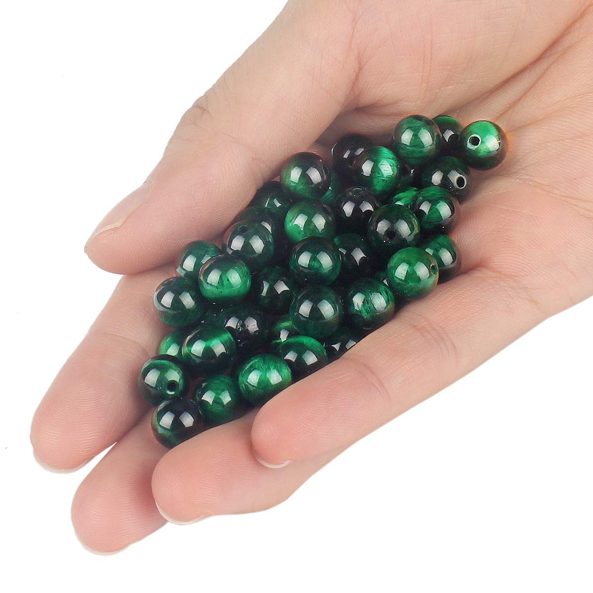 70PCS Natural 8MM Healing Gemstone, Green Tiger’s Eye Energy Stone Round Loose Beads, Semi-Precious Crystal Beads with Free Elastic String for Jewelry Making DIY