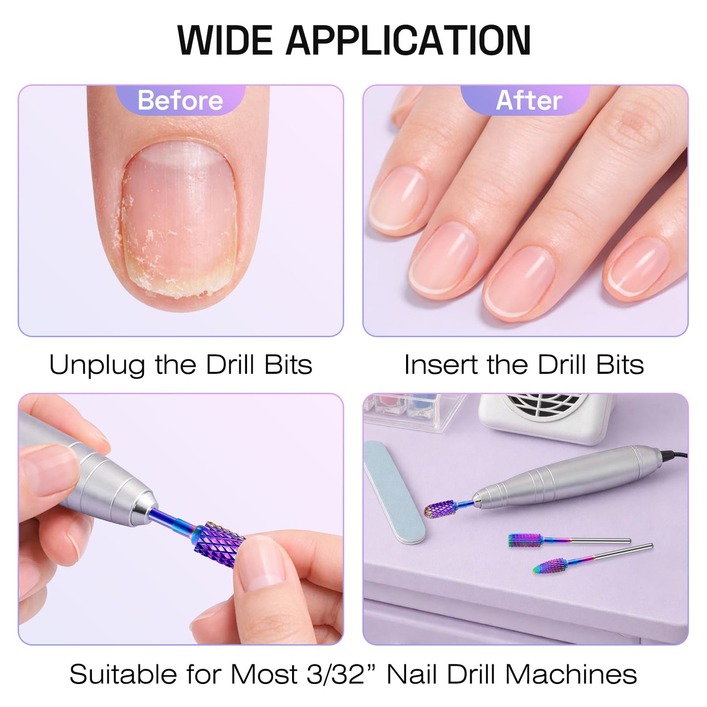 Nail Drill Bits Set with Storage Case: 30pcs 3/32 Inch Carbide Diamond Ceramic Professional Salon Kit for Acrylic Nails, Multi-Function for Women Nail Artists Manicure Pedicure (Purple)