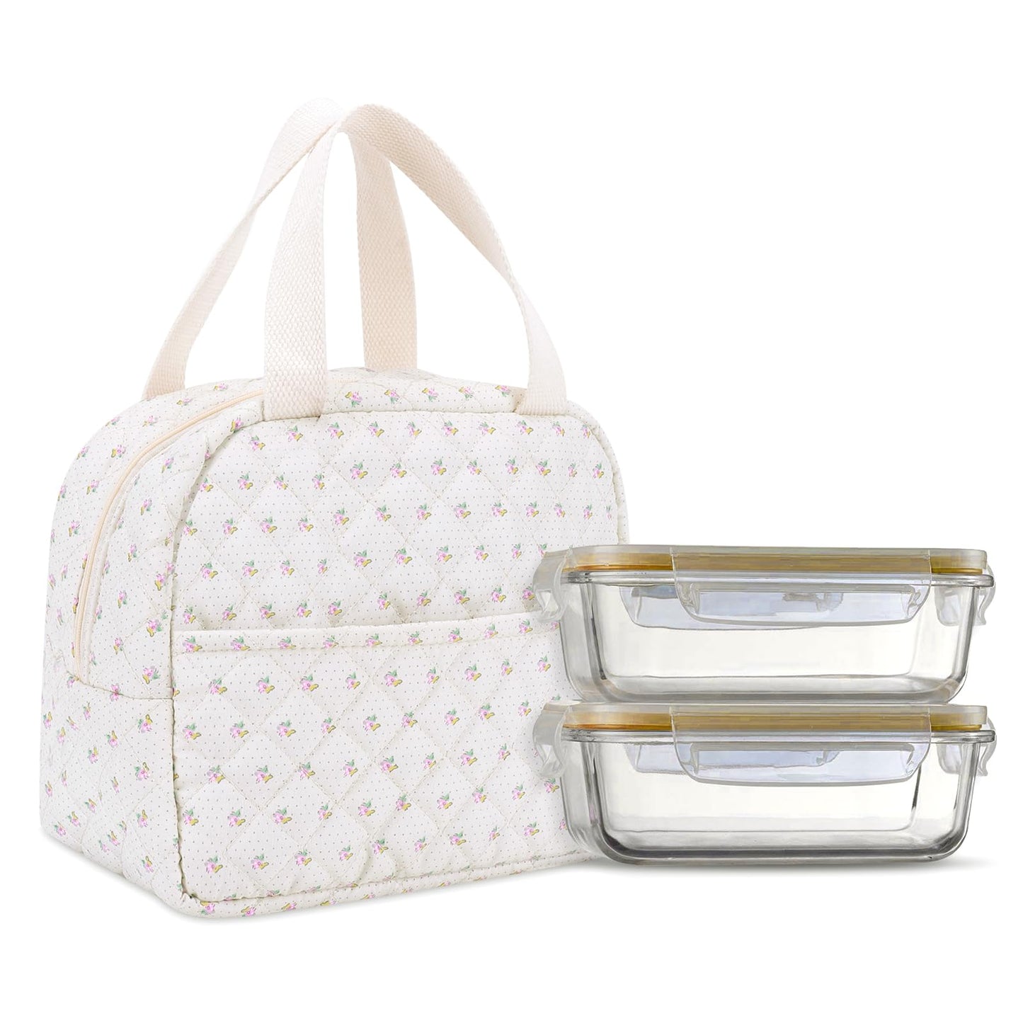 BBIQI Floral Quilted Lunch Bag for Women Cute Lunch Tote Insulated Leakproof Lunch Box Reusable Cooler for Work, Picnic