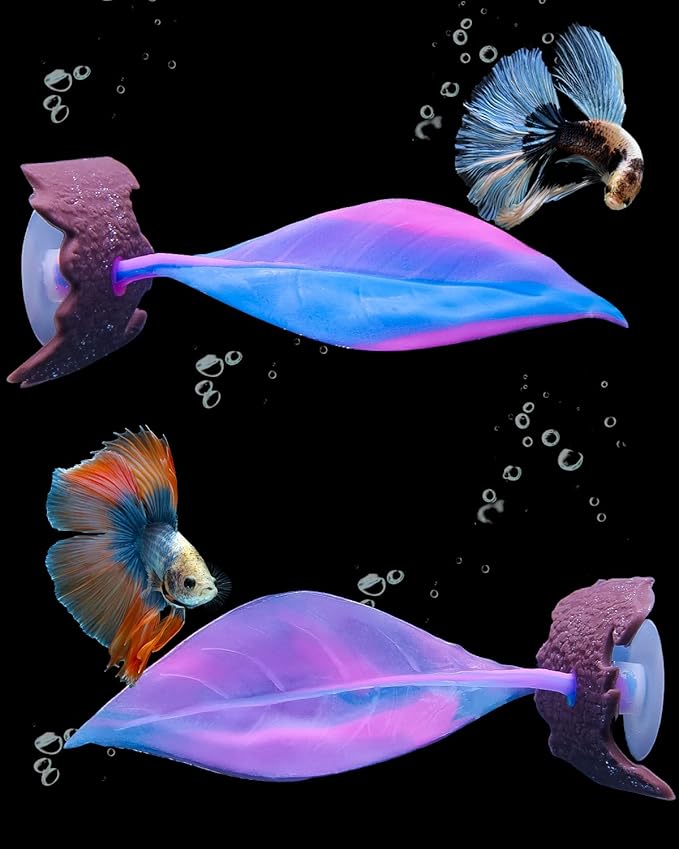 Uniclife Betta Mushroom Hammock Soft Aquarium Rest Bed Fish Breeding Playing Pad with Suction Cup Silicone Ornament Decoration Colorful Lifelike Decor for Fish Tank Landscape, 2 Pack